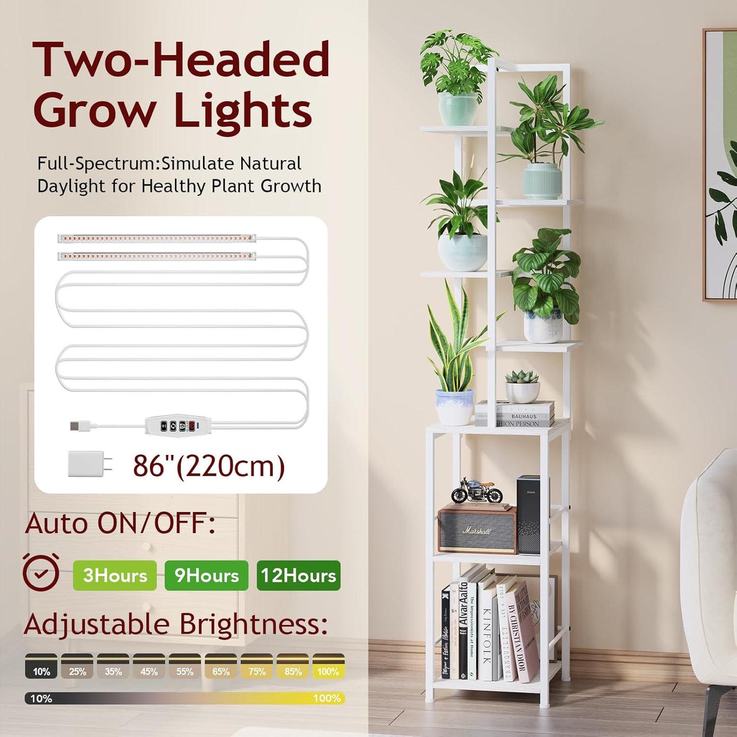 Plant Stand Indoor with Grow Light, 7-Tiered Tall Plant Stand Indoor, Metal Plant Shelf with Bookshelf Bookcase and Adjustable Light, Ideal for Living Room, Reading room, Garden, Patio (white)