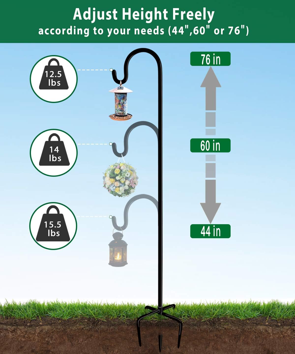 Artibear Adjustable Outdoor Shepherd Hook Stand with 5 Prong Base, 76 Inches Tall 3/5 in Thick, Shiny Black (1 Packs)