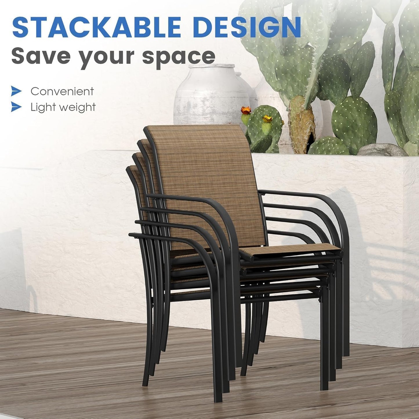 VICLLAX Patio Dining Set for 4, 5 Pieces Outdoor Furniture Set Includes 41.7" Round Patio Table and 4 Patio Stackable Chairs, Outdoor Table and Chairs for Outsides, Walnut Tabletop and Brown Fabric