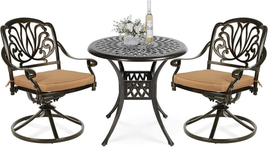 VIVIJASON 3-Piece Patio Furniture Dining Set, Outdoor All-Weather Cast Aluminum Bistro Set, Include 2 Swivel Chairs and 31" Round Table w/Umbrella Hole for Balcony, Lawn, Garden, Antique Bronze