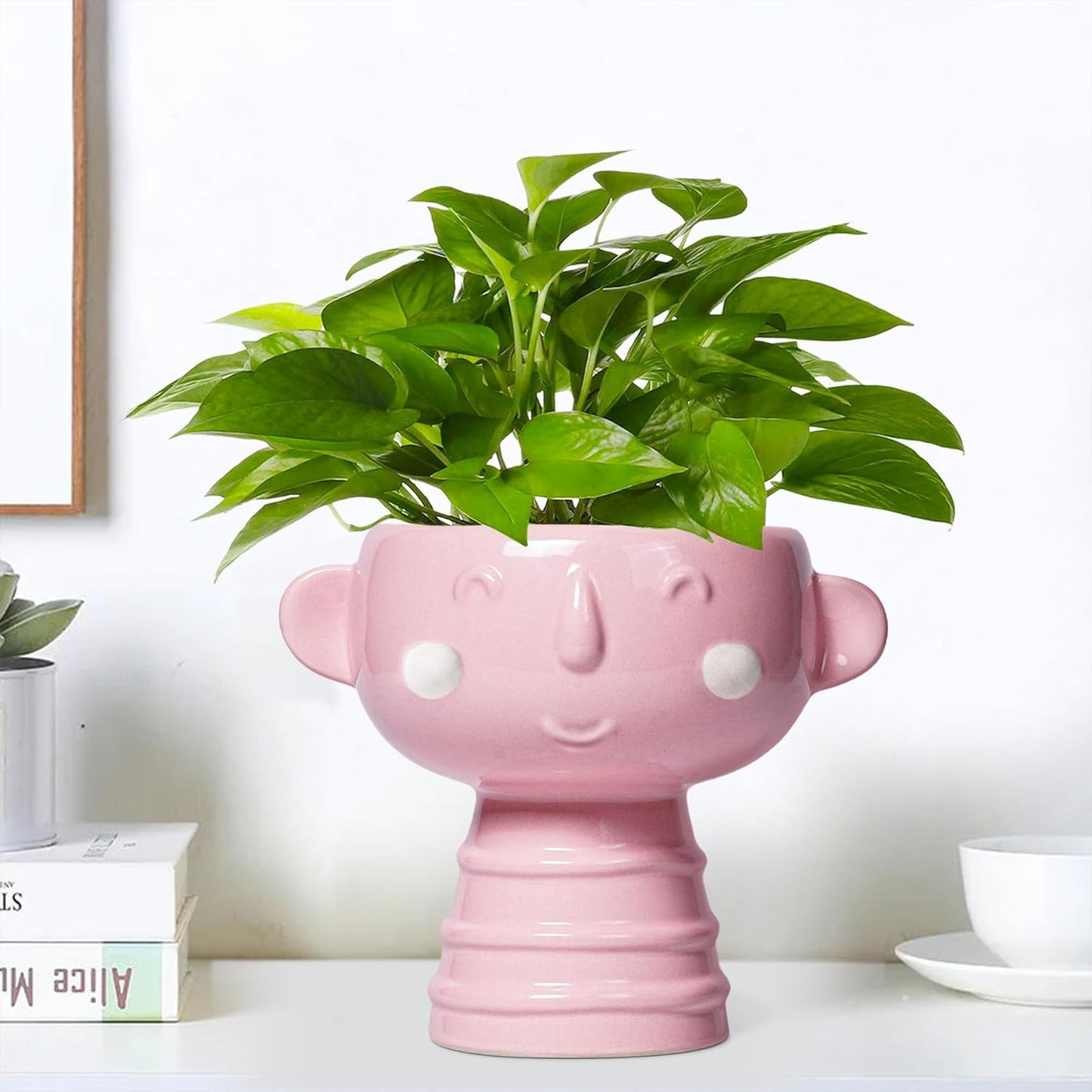 Smiley Face Planter - 7 Inch Ceramic Head Planter for Indoor Outdoor Plants, Cute Succulent Pots with Drainage Hole, Decorative Flower Pots, Home Room Desk Decor, Birthday Gifts, Bright Pink