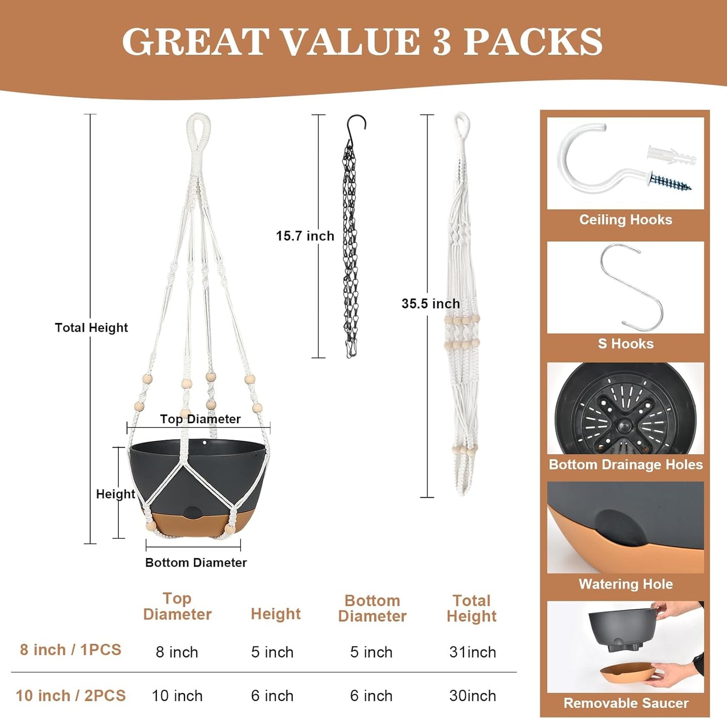 3 Pack Hanging Planters Set, 10 + 10 + 8 Inch Self-Watering Hanging Plant Pot, Macrame Plant Hanger with Pot, Ceiling Hooks, Removable Saucer and Drainage Holes for Indoor, Outdoor Plants - Black