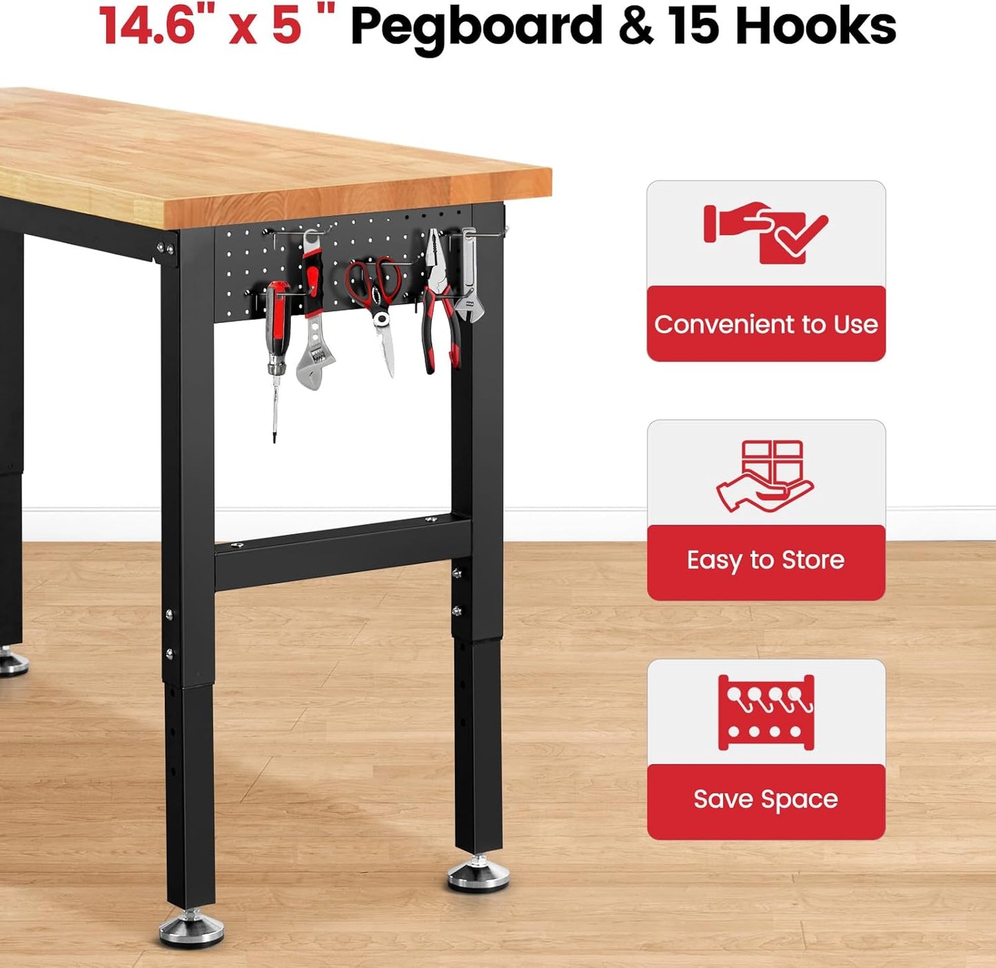 Work Bench for Garage Workbench with Pegboard Adjustable Height Work Table for Shop Woodworking, 48 x 20 Heavy Duty Rubber Wood Top for Office, Home, Commercial
