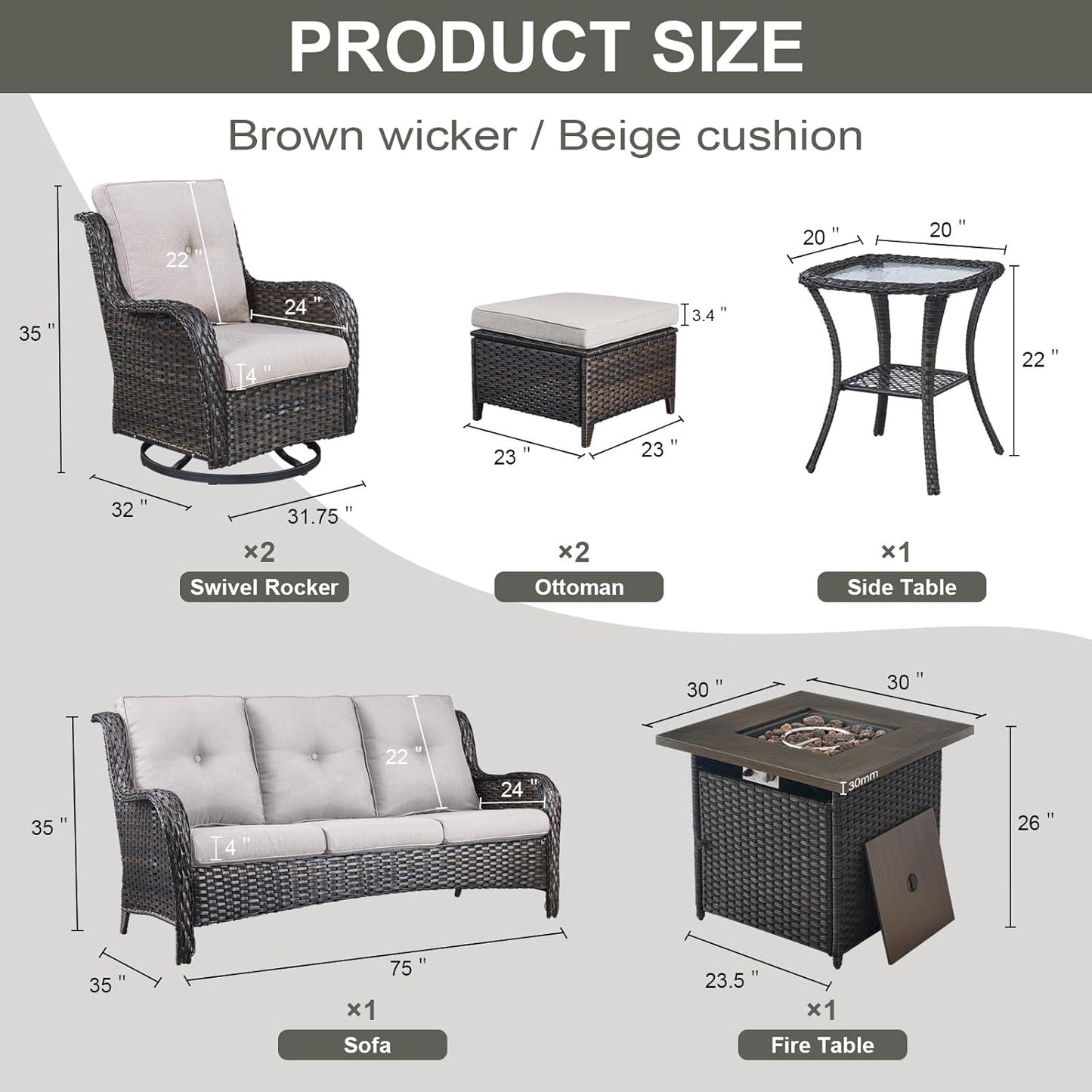 Outdoor Patio Furniture Set with 50000BTU Propane Fire Pit Table, 7 Pieces Wicker Patio Conversation Set with 2 Swivel Glider Rocker Chair Rattan Sofa Beige Cushion Perfect for Casual Gathering