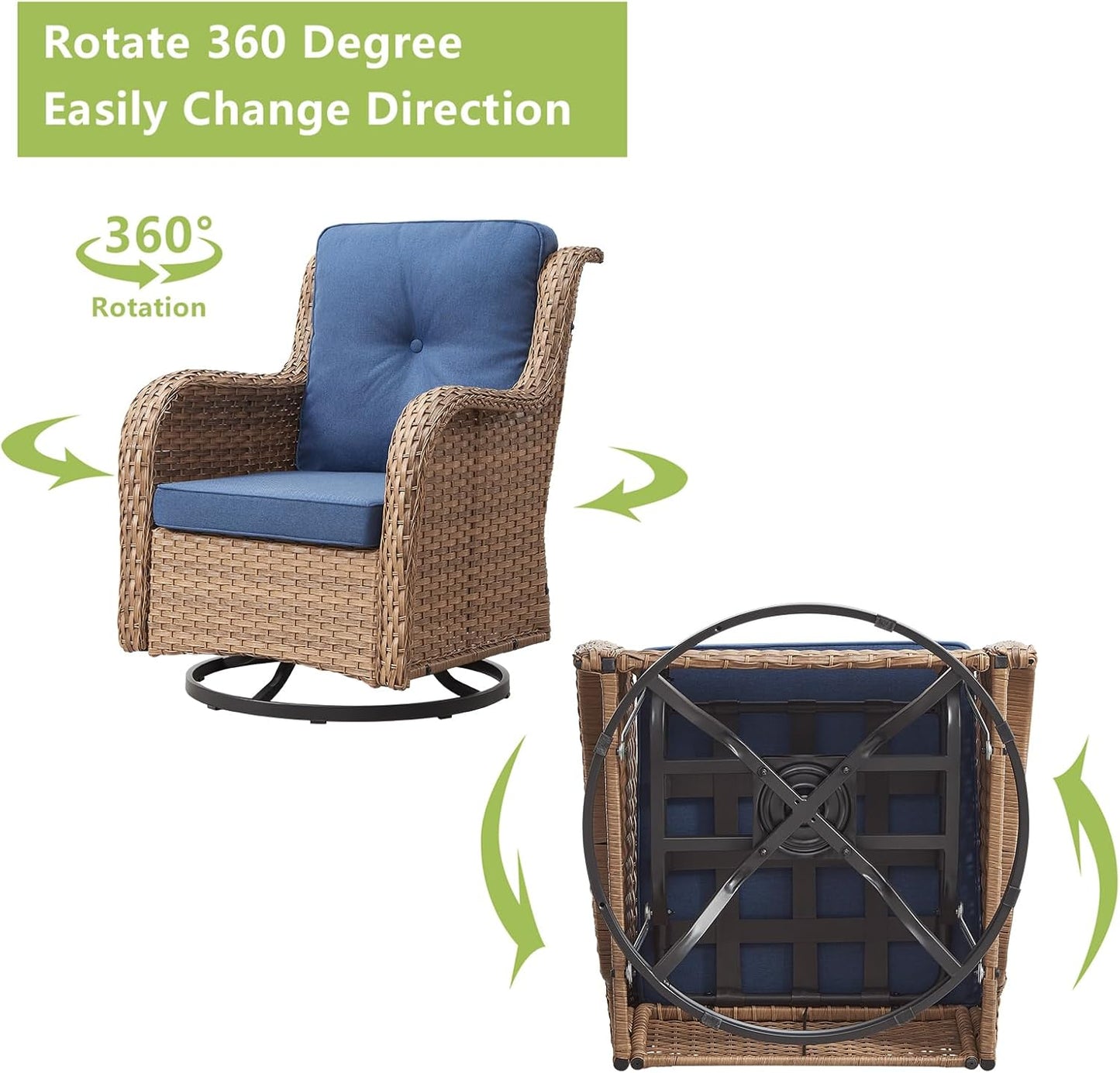 Outdoor Wicker Patio Furniture Set - 6 Piece Rattan Patio Conversation Set with 2 Rocking Swivel Chairs,2 Ottomans,1 Loveseat and 1 Coffee Table for Porch Deck Backyard Garden(Yellow/Blue)