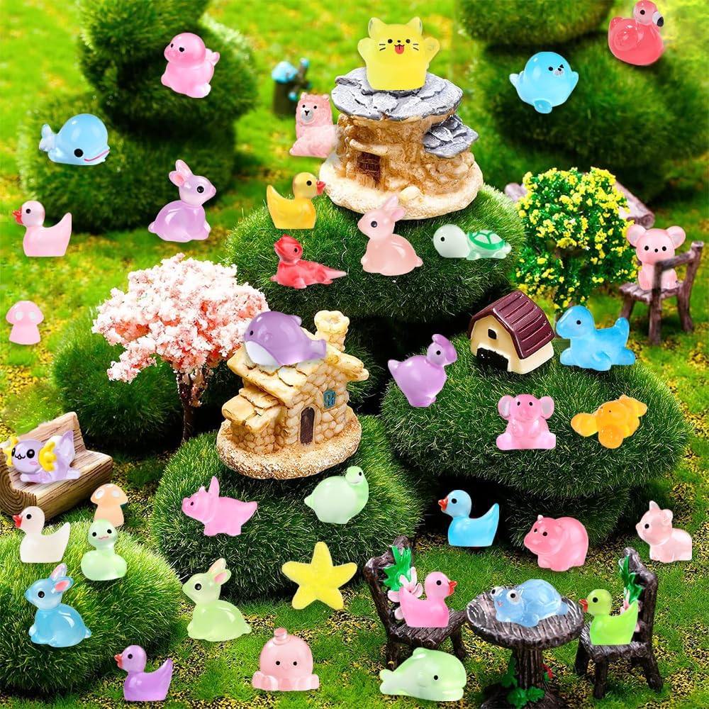 131pcs Luminous Mini Resin Animals, Glow in The Dark Tiny Small Little Animal Ducks Figures to Hide Miniature Figurines for Dollhouse Garden Micro Landscape Aquarium Decorations DIY Crafts