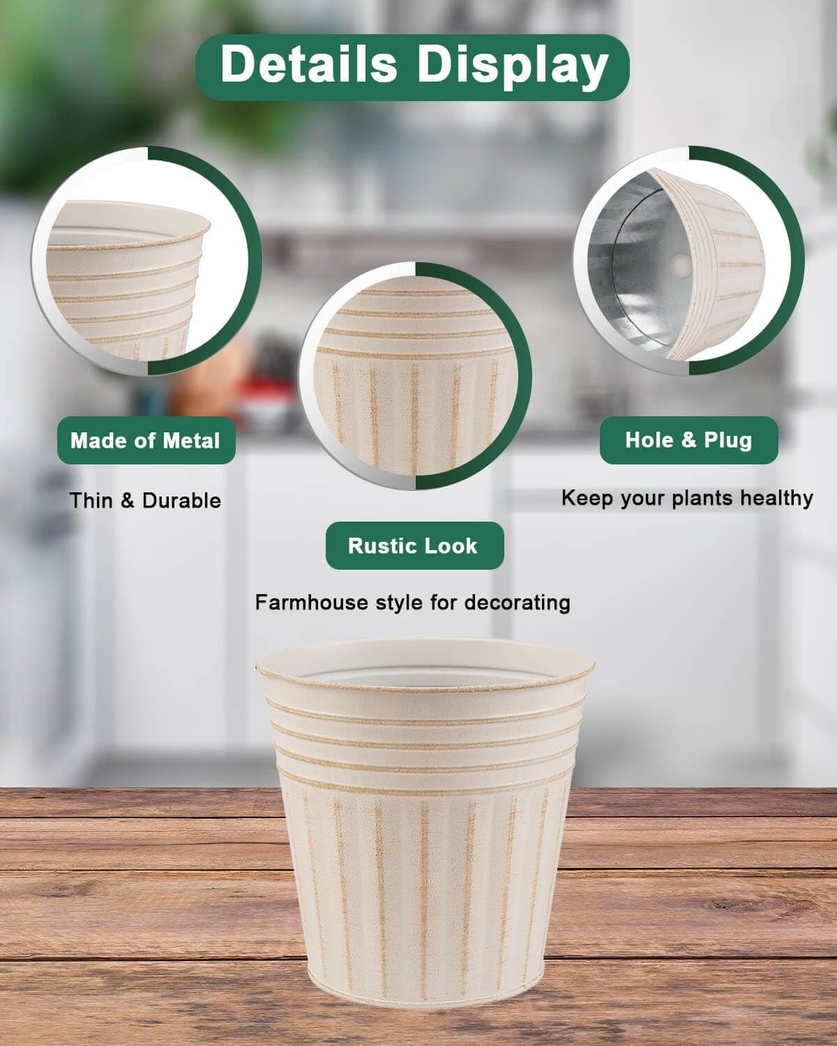 vensovo 7 Inch Beige Metal Rustic Flower Pots - 6Pcs Medium Galvanized Planters with Drainage Hole and Rubber Plug, Rustproof Metal Bucket Plant Pots Farmhouse Vintage Style for Decor