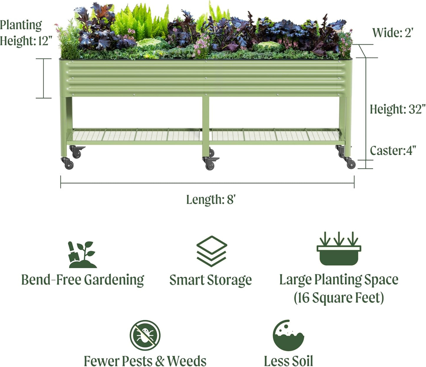 Rolling Elevated Raised Garden Bed-V Series, 2' x 8' Garden Beds with Legs & Storage Rack for Patio & Porch, 1400 Lbs Weight Capacity, Outdoor Planter Box for Vegetables Flower Herbs, Modern Gray