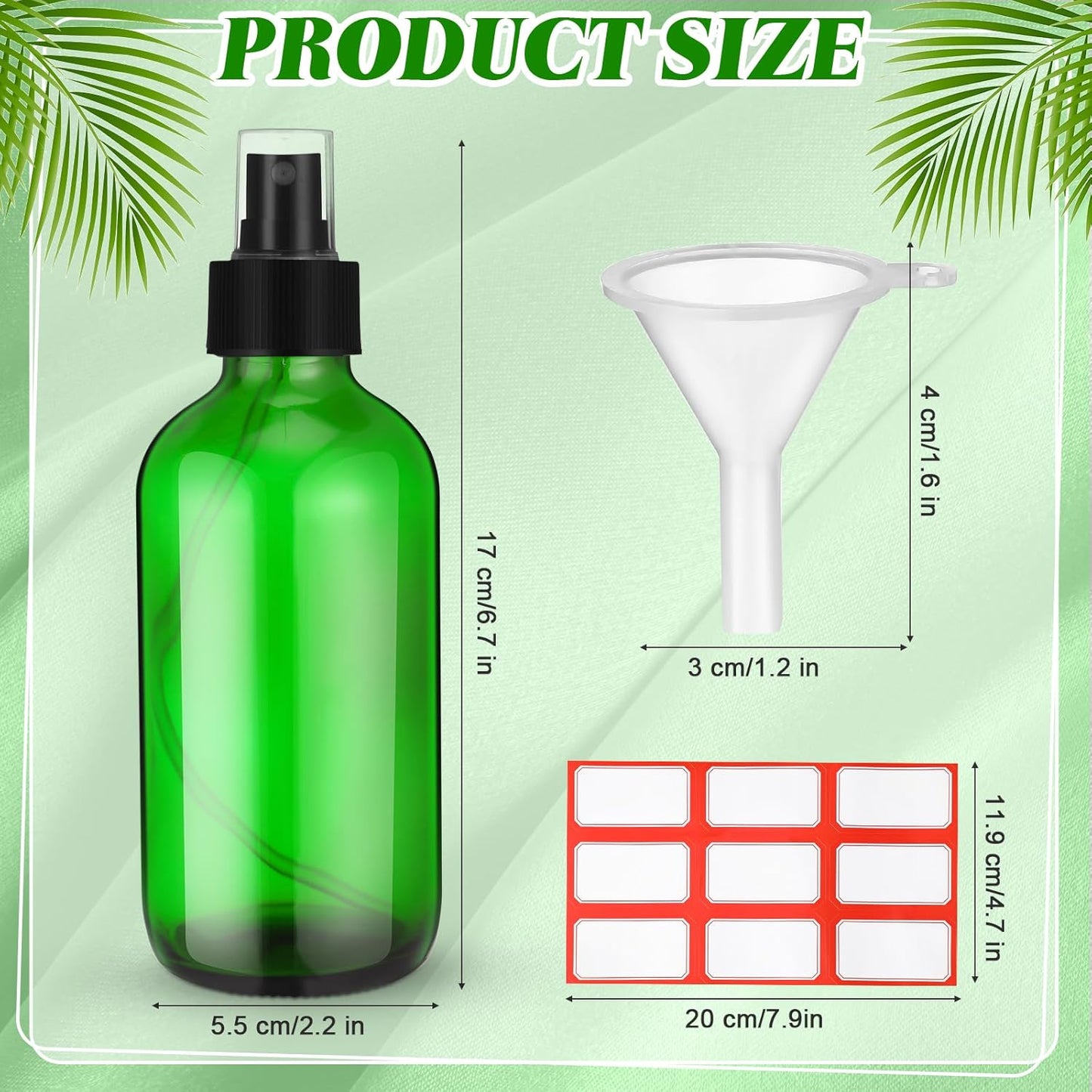 Norme 12 Pcs 8 oz Glass Spray Bottles with Funnels and Labels Refillable Cosmetic Empty Spray Bottles with Sprayer Containers for Essential Oil Cleaning Solutions (Green,Stylish)