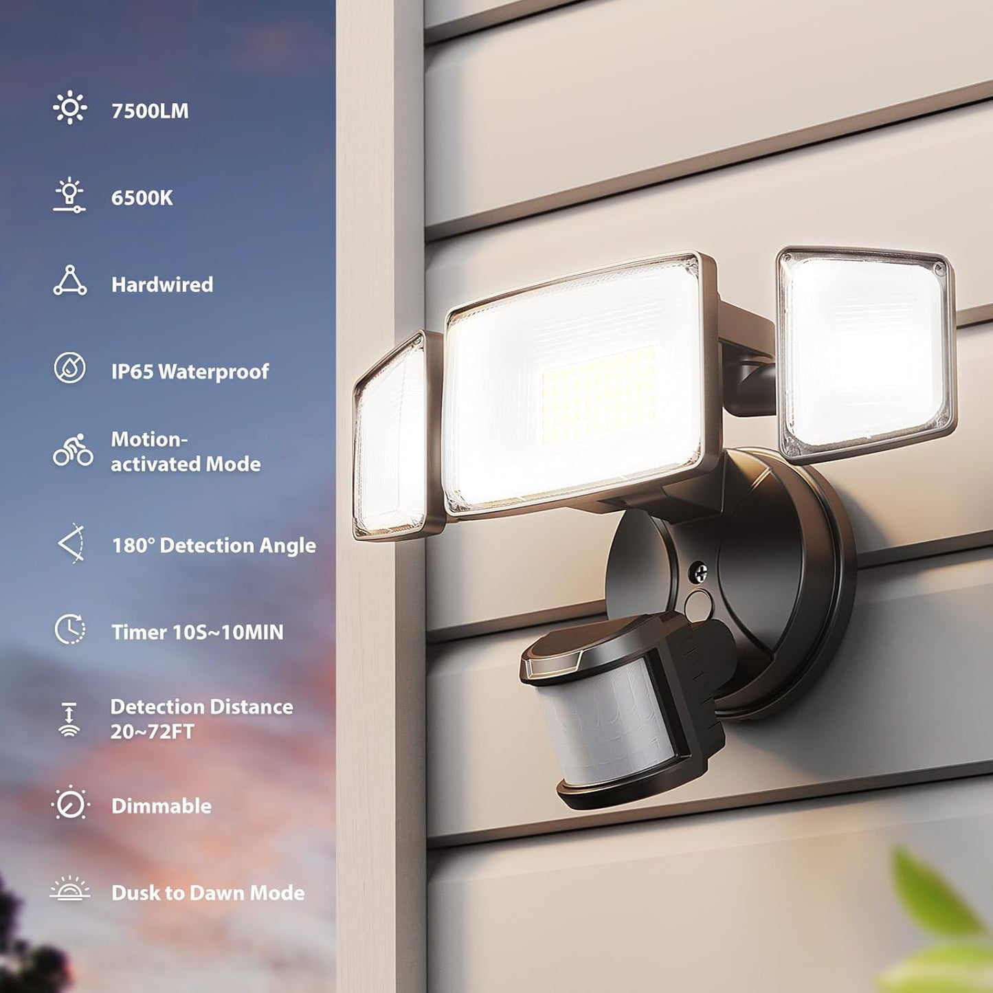 Onforu 75W LED Motion Sensor Outdoor Lights, Dusk to Dawn Flood Light Outdoor Motion Sensor, Hardwired Security Lights Floodlights Outside 7500LM 6500K Daylight IP65 Waterproof (Black)