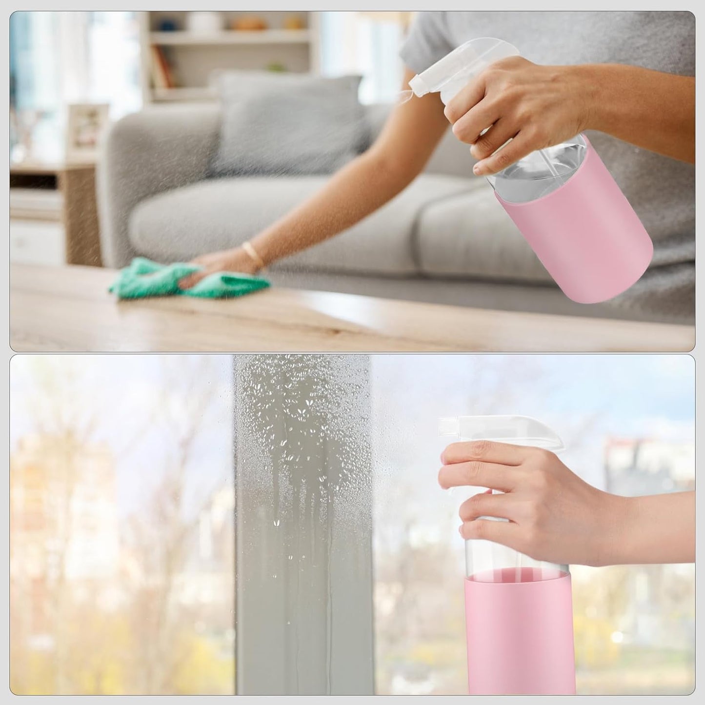 2 Pack Glass Spray Bottles with Long Silicone Sleeve, 16 oz Empty Refillable Containers with Adjustable Spray Nozzles, Spray Bottles for Hair, Cleaning Solutions and Plants Pink