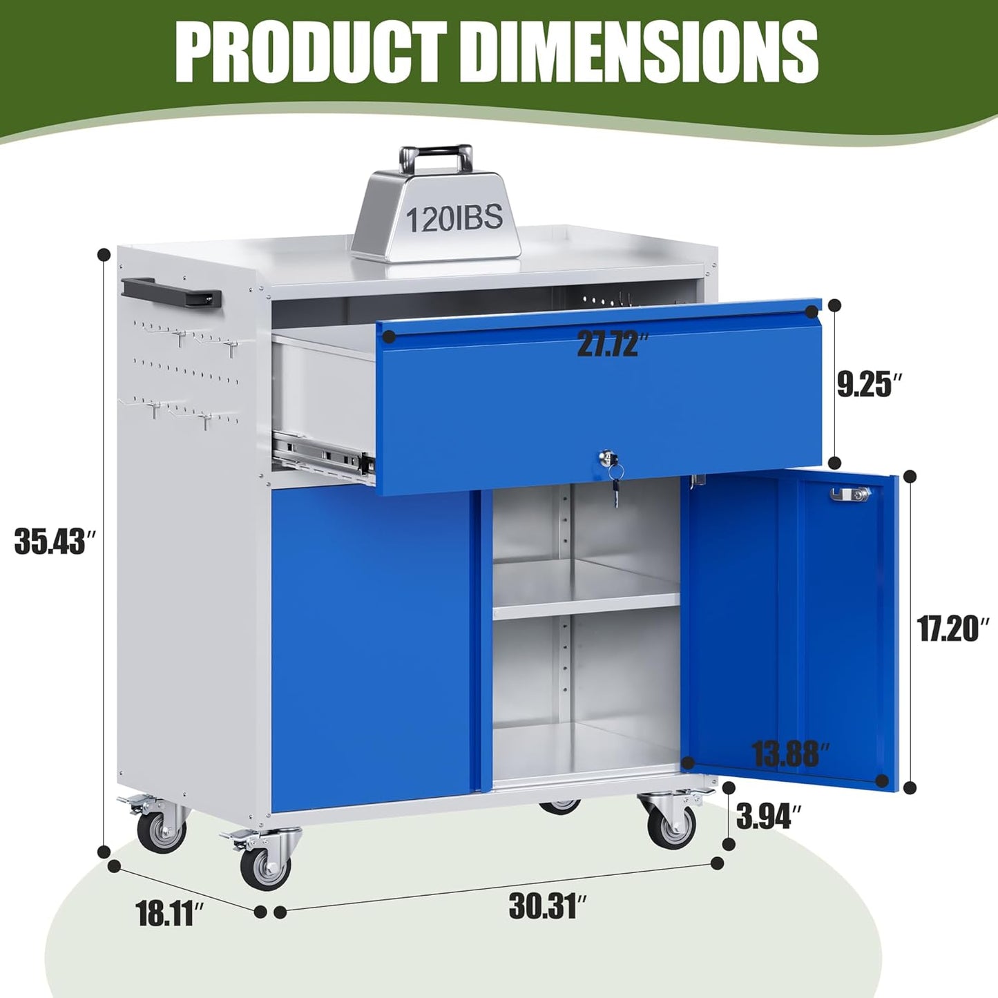 Metal Storage Cabinet on Wheels with 1 Drawer, Rolling Steel Garage Tools Cabinet with Side Pegboard &4 Hooks & 1 Adjustable Shelf for Garage,Shop,Home, Blue/Gray, Assembly Required