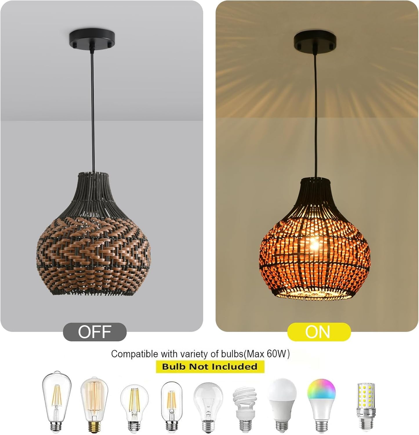 3-Pack Rattan Pendant Light 10.24" Hand-Woven Black Brown Fax Rattan Basket Chandelier Mini Boho Wicker Hanging Lamp for Dining Living Bedroom Kitchen Farmhouse