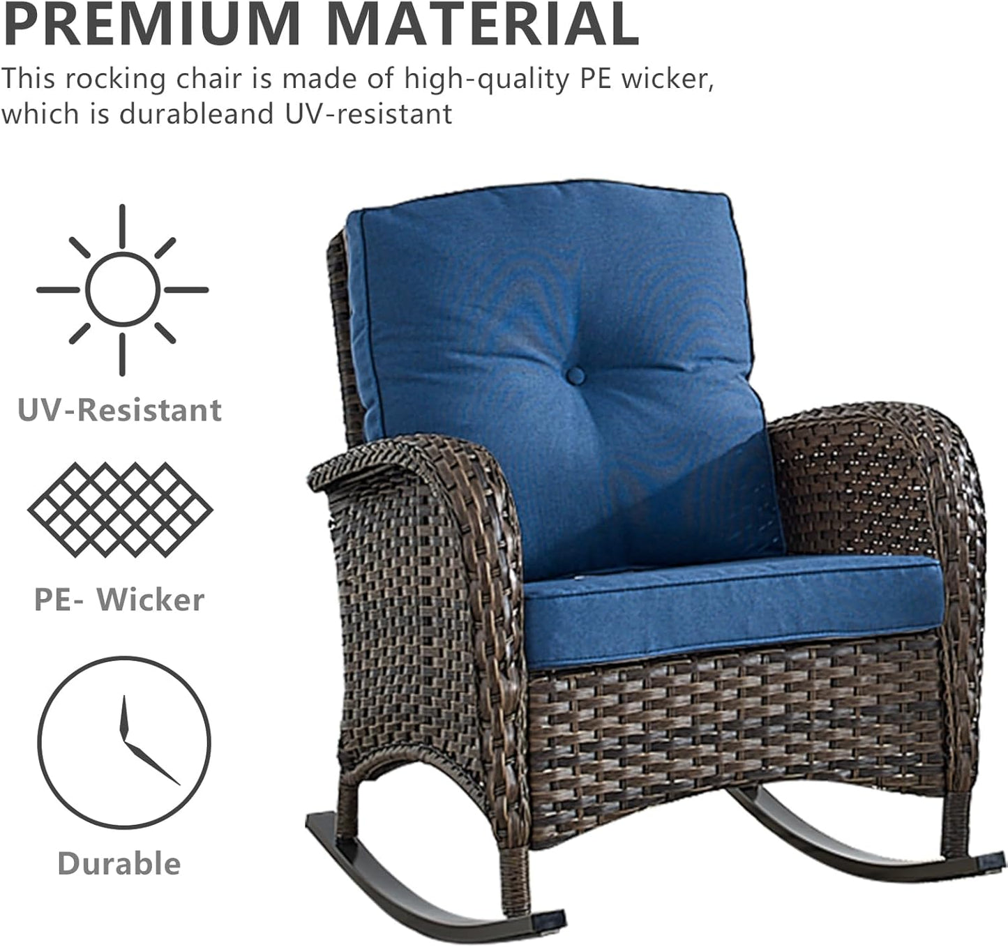HUMMUH 3-Piece Outdoor Rocking Chairs,All-Weather PE Wicker Patio Rocker Chairs Bistro Set with Side Table,Porch Balcony Furniture with Cushions