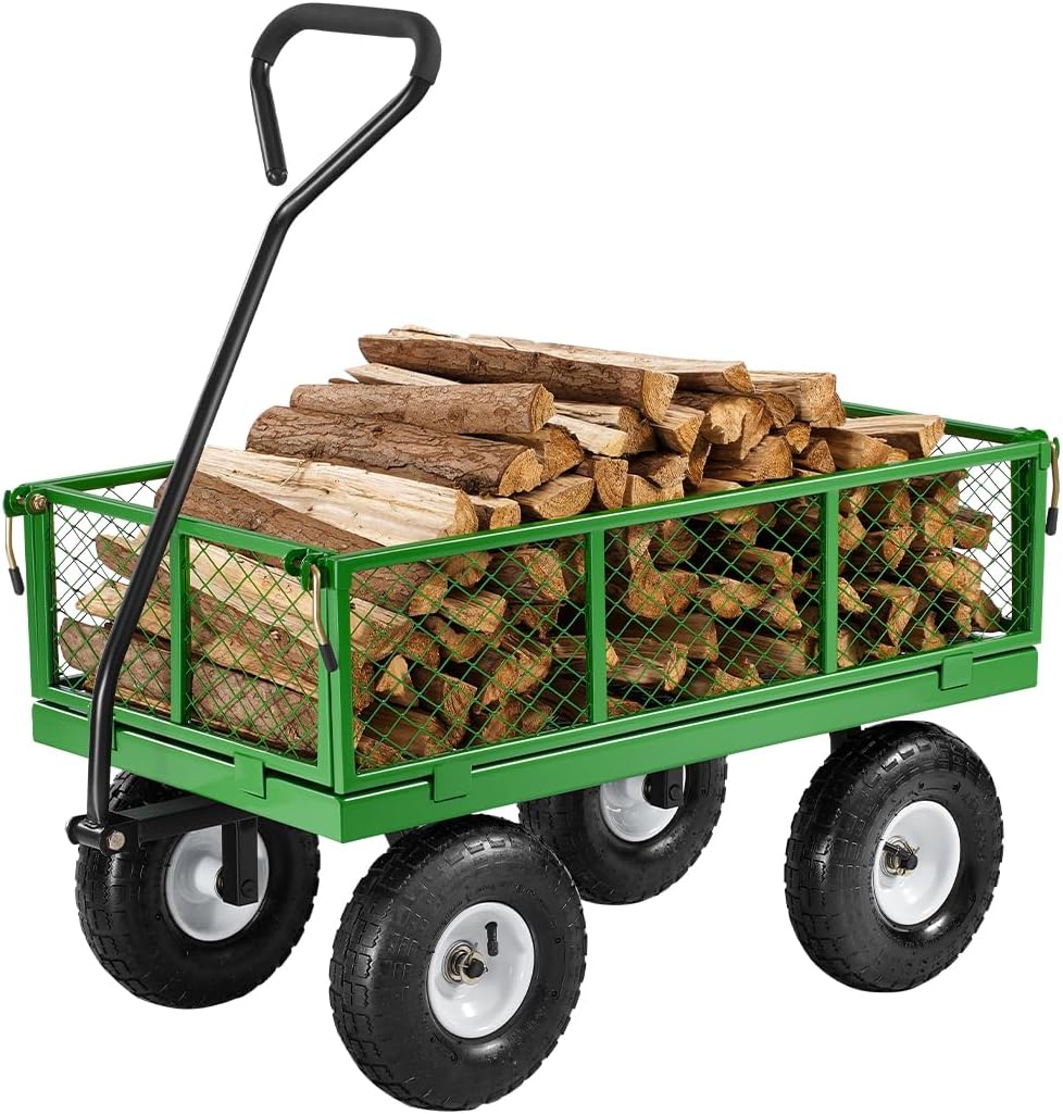 VEVOR 680 Lbs Steel Garden Cart on Wheels, Heavy Duty Garden Wagon Cart Pullable, Metal Outdoor Utility Yard Wagon Carts with 10" Tires, Mesh Removable Sides and 180°Rotating Handle