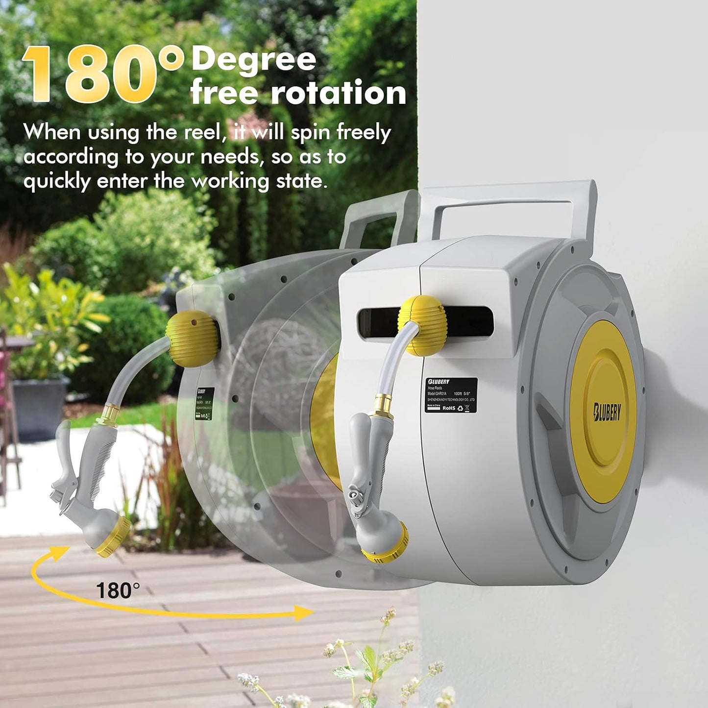 BLUBERY 130+6.7ft x 1/2" Retractable Garden Hose Reel, 40.8LB Super Heavy Duty, Any Length Lock, Slow Return System, Wide Handle, Wall Mounted and 180° Swivel Bracket, GHR02A