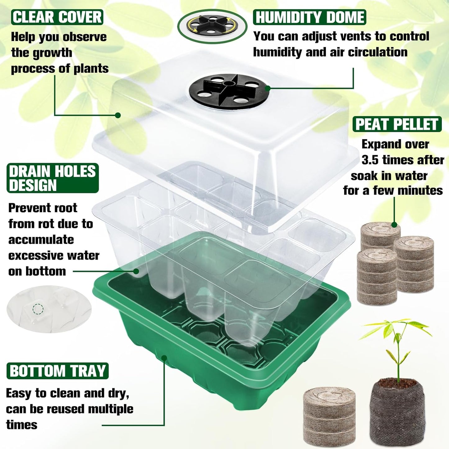 Halatool 8 Pack Seed Starter Tray with 100 PCS Peat Pellets, 96 Cells Green Plant Germination Trays for Organic Seed Starter Soil Pods for Planting Vegetables Plants Flowers Herbs - Starting Seeds Kit