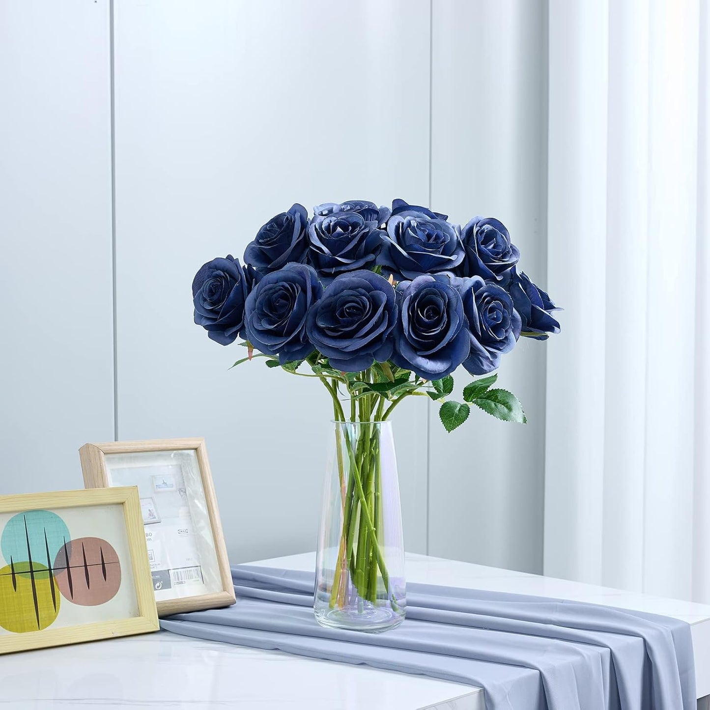 12pcs Roses Artificial Flowers Fake Roses Navy Blue Silk Roses Navy Silk Flowers Rose with Long Stems for Wedding Home Party Centerpieces Decorations