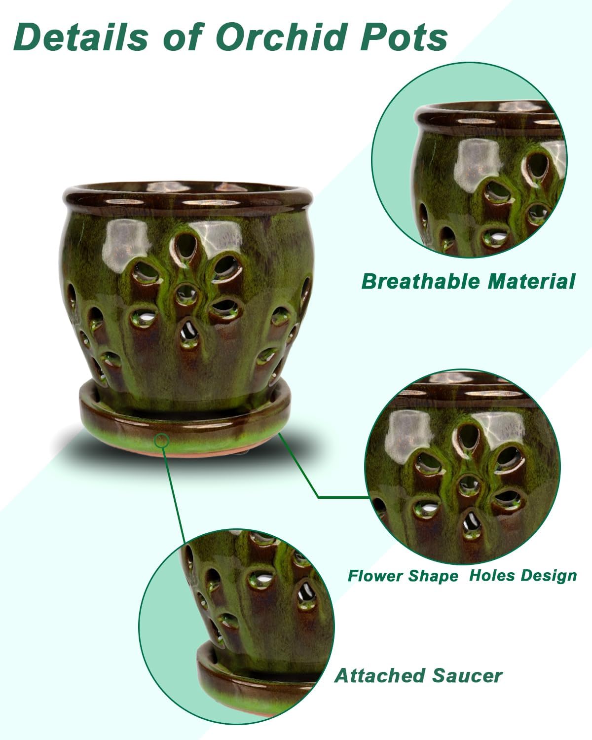 vensovo 5 Inch Ceramic Orchid Pots with Holes and Saucers - 1 Pcs Small Succulent Pot for Repotting, Garden Flowerpots for Plants Indoor and Outdoor Promotes Air Circulation, Yellow Mixed Brown