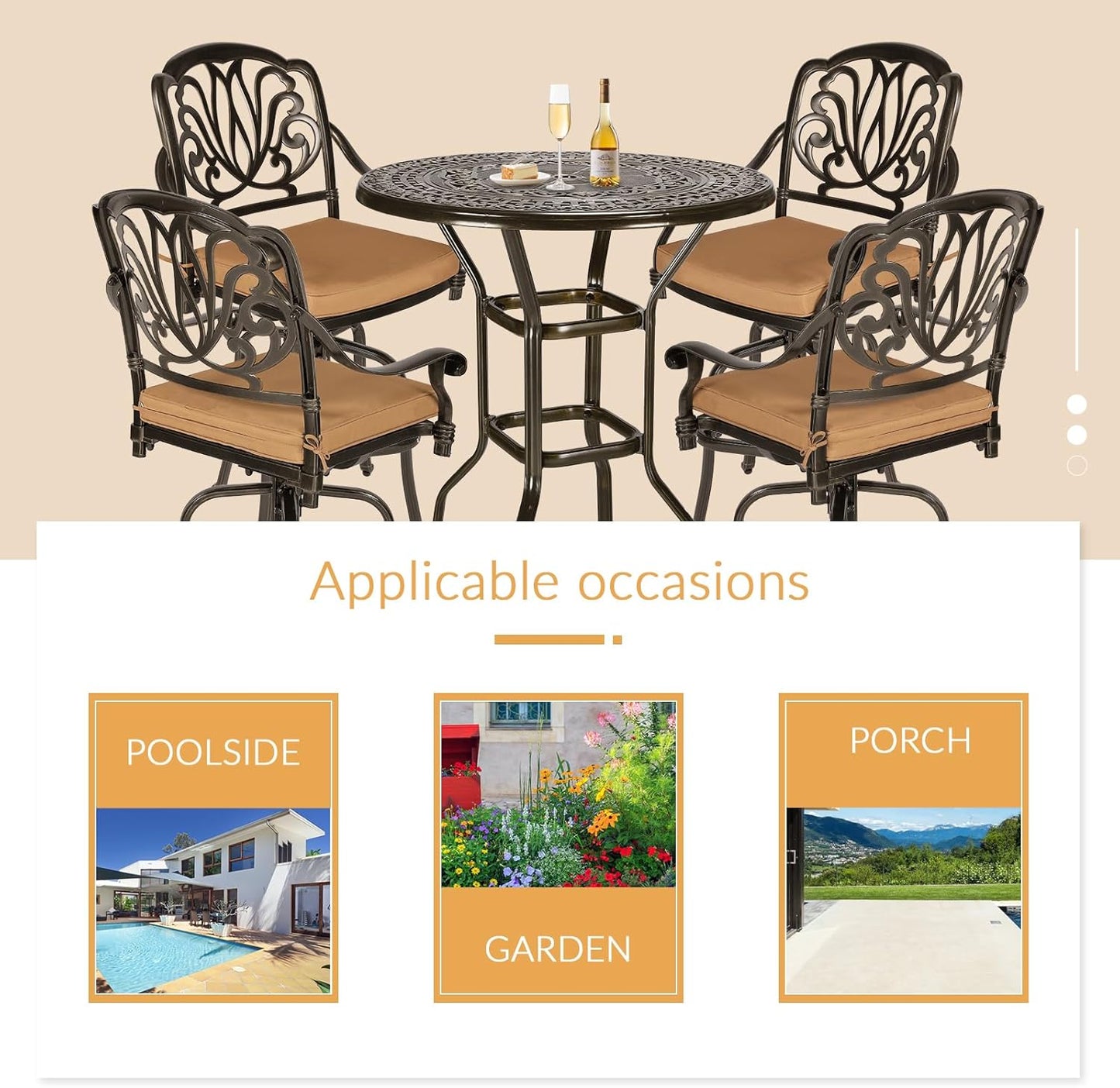 5 Pieces Patio Swivel Bar Set, Patio Bar Table and Chairs Set, All-Weather Cast Aluminum Outdoor Swivel Bar Stools of 4 and 38.5" Bar Height Table, High Top Bistro Set for Deck, Pool, Garden