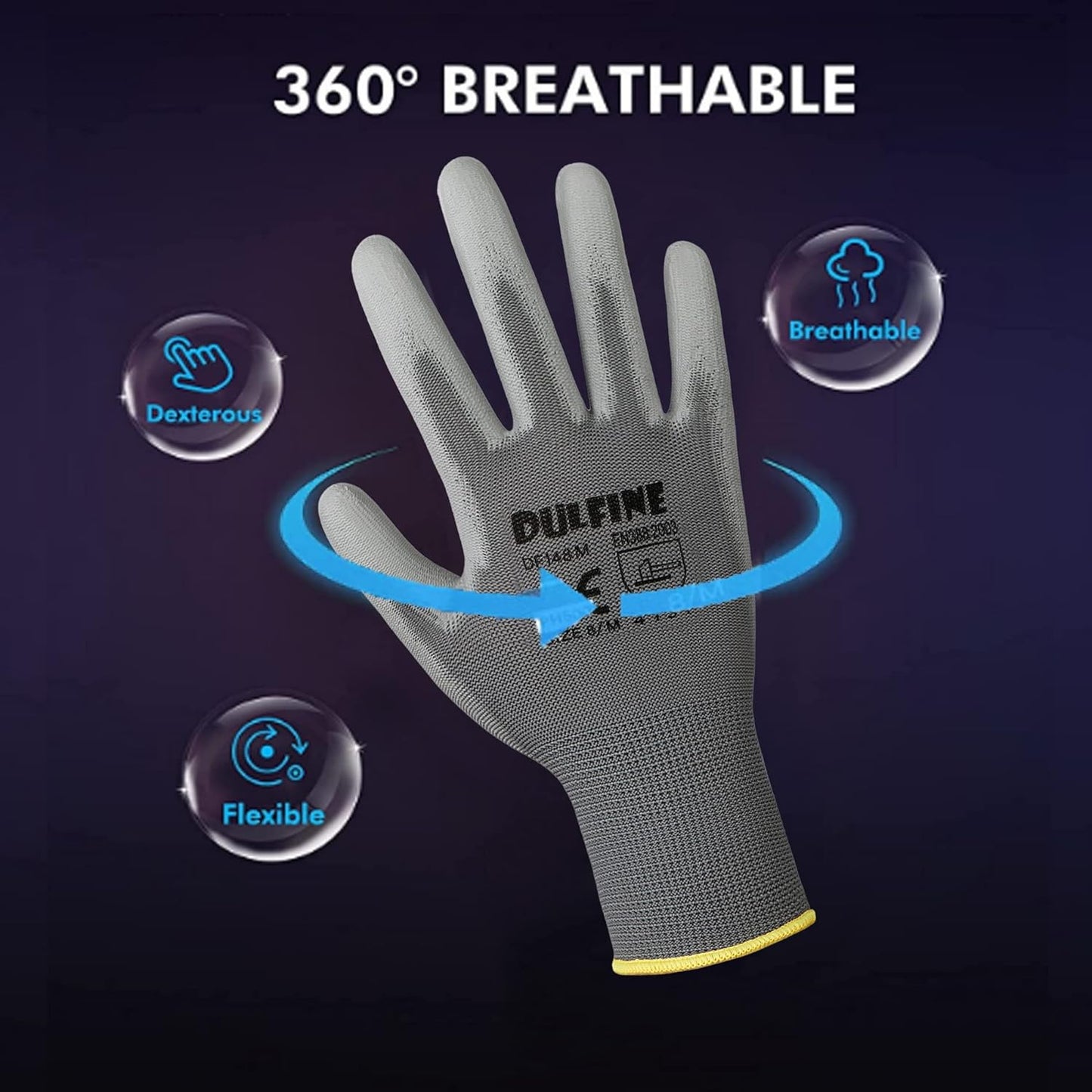 DULFINE Safety Work Gloves PU Coated-12 Pairs,Grey Seamless Knit Glove with Polyurethane Coated Smooth Grip on Palm & Fingers, for Men and Women, Ideal for General Duty Work (Large)