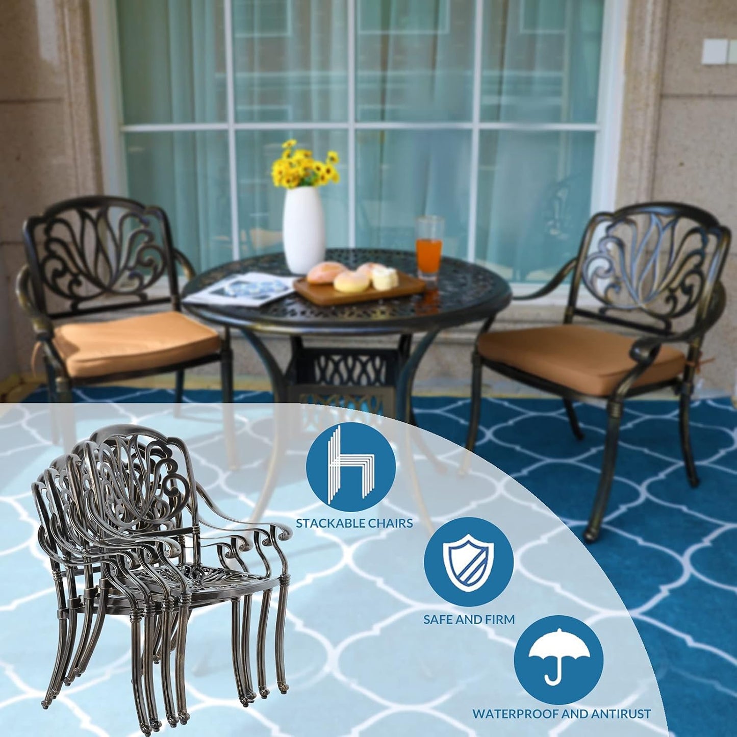 MEETWARM 3 Piece Patio Bistro Set, Outdoor All-Weather Cast Aluminum Dining Furniture Set Includes 2 Cushioned Chairs and a 35.4” Round Table with Umbrella Hole for Garden Deck