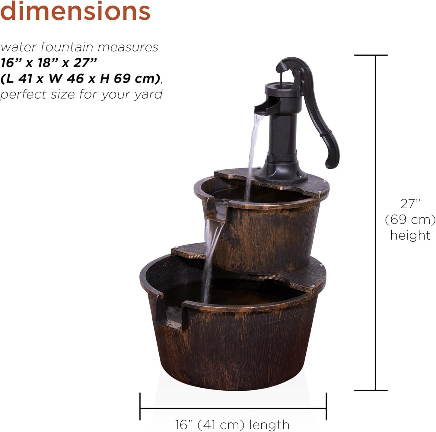Alpine Corporation - Outdoor Rustic 2-Tiered Barrel and Pump Water Fountain – Bronze Finish, Relaxing Water Flow, Ideal for Garden, Patio, & Yard Décor, 27"H