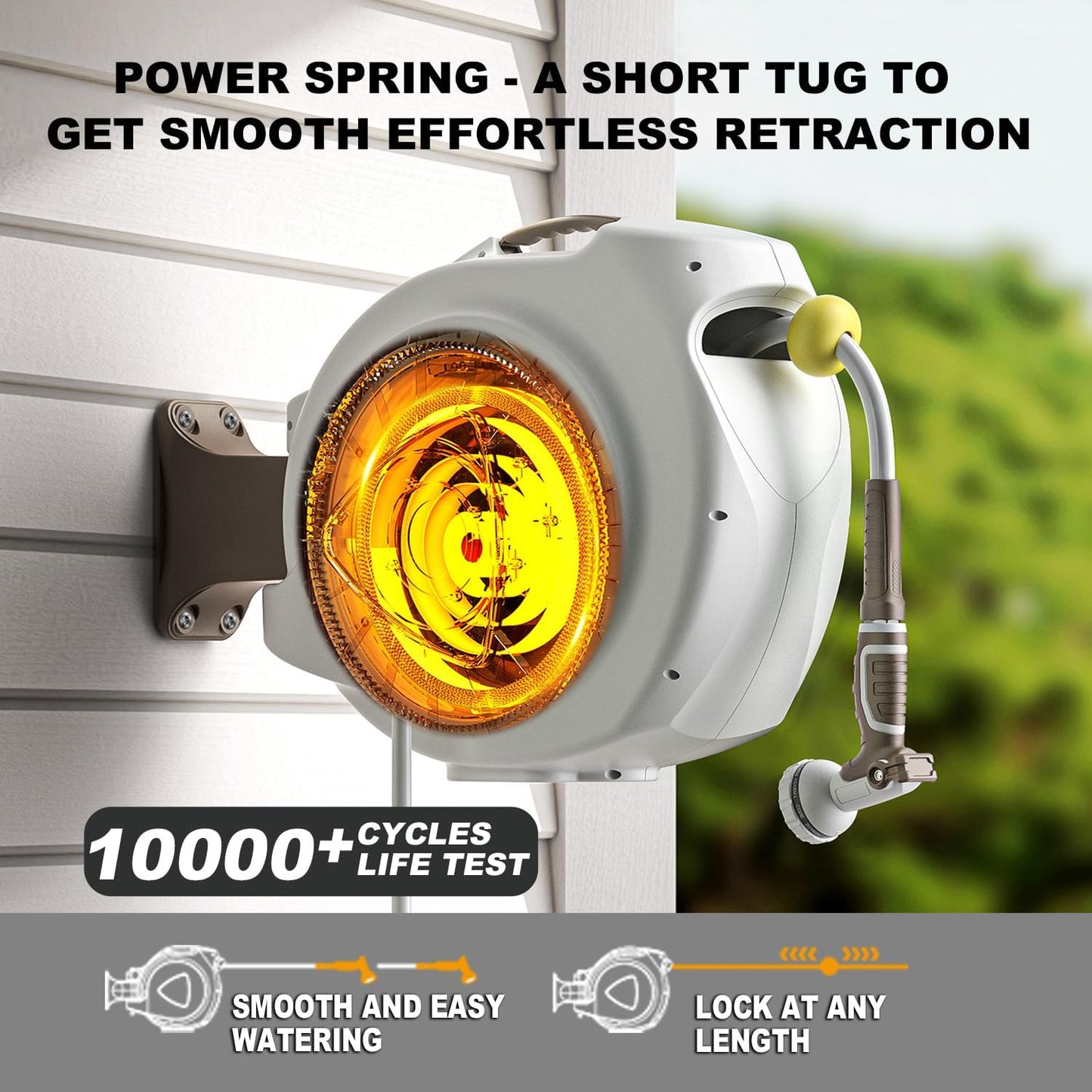 Retractable Garden Hose Reel, 5/8 in 100+6 ft, Heavy Duty Wall Mounted Water Hose Reel, Spring Power Automatic Rewind, Any Length Lock, 180° Swivel Bracket, 10 Pattern Spray Nozzle