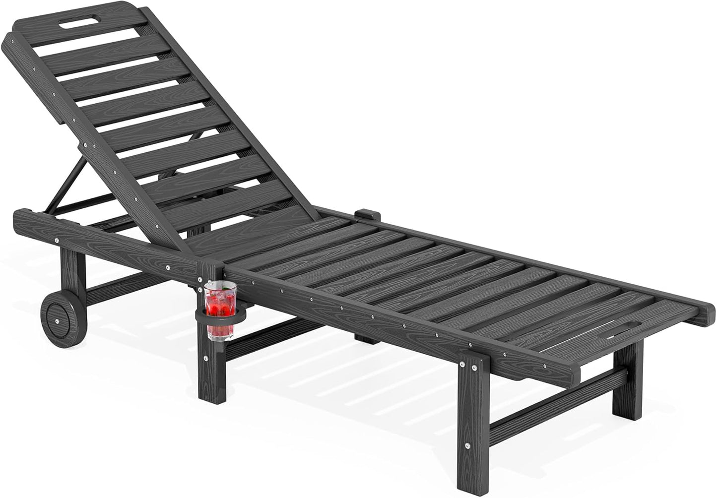 SERWALL Patio Chaise Lounge, HDPE Outdoor Lounge Chair with Cup Holder, 5 Positions Adjustable Poly Lounge Chair with Rolling Wheels for Poolside, Deck, Sunbathing, Grey