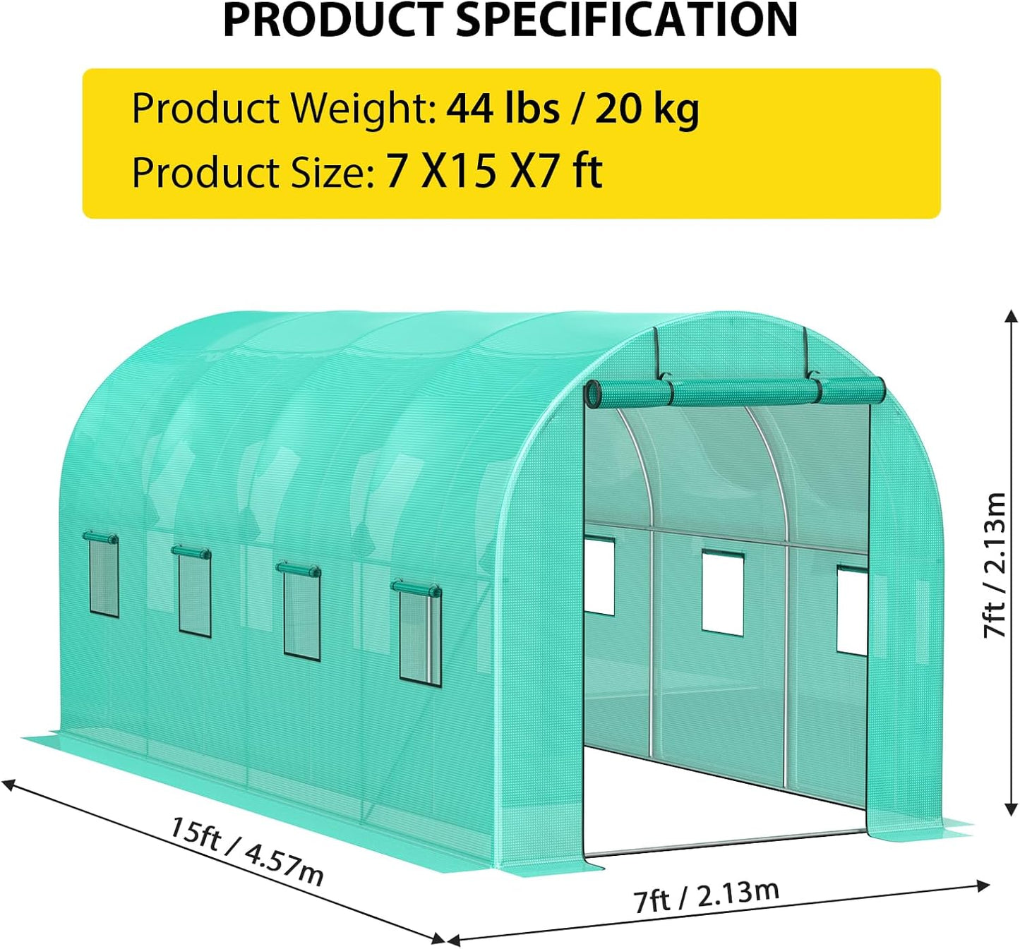 Compact Greenhouse Kit 7'x15'x7' with Galvanized Frame, 140G Green PE Cover, 1 Door & 8 Windows for Outdoor Gardening