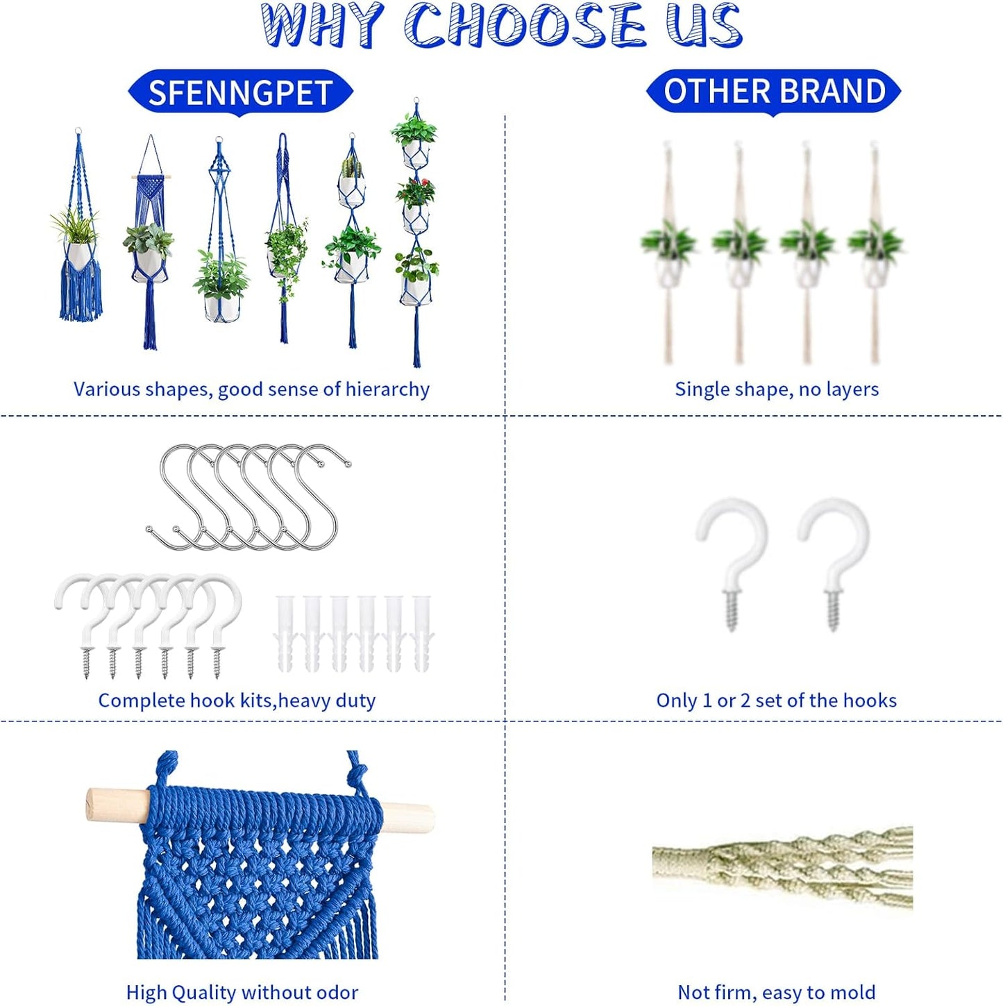 Macrame Plant Hangers, 6Pack Hanging Planters for Indoor Plants w/ 6 Set Hangers Kit Handmade Macromay Plant Hangers Indoor Flower Pots Holder Stand for Boho Home Décor (POTS NOT Included)