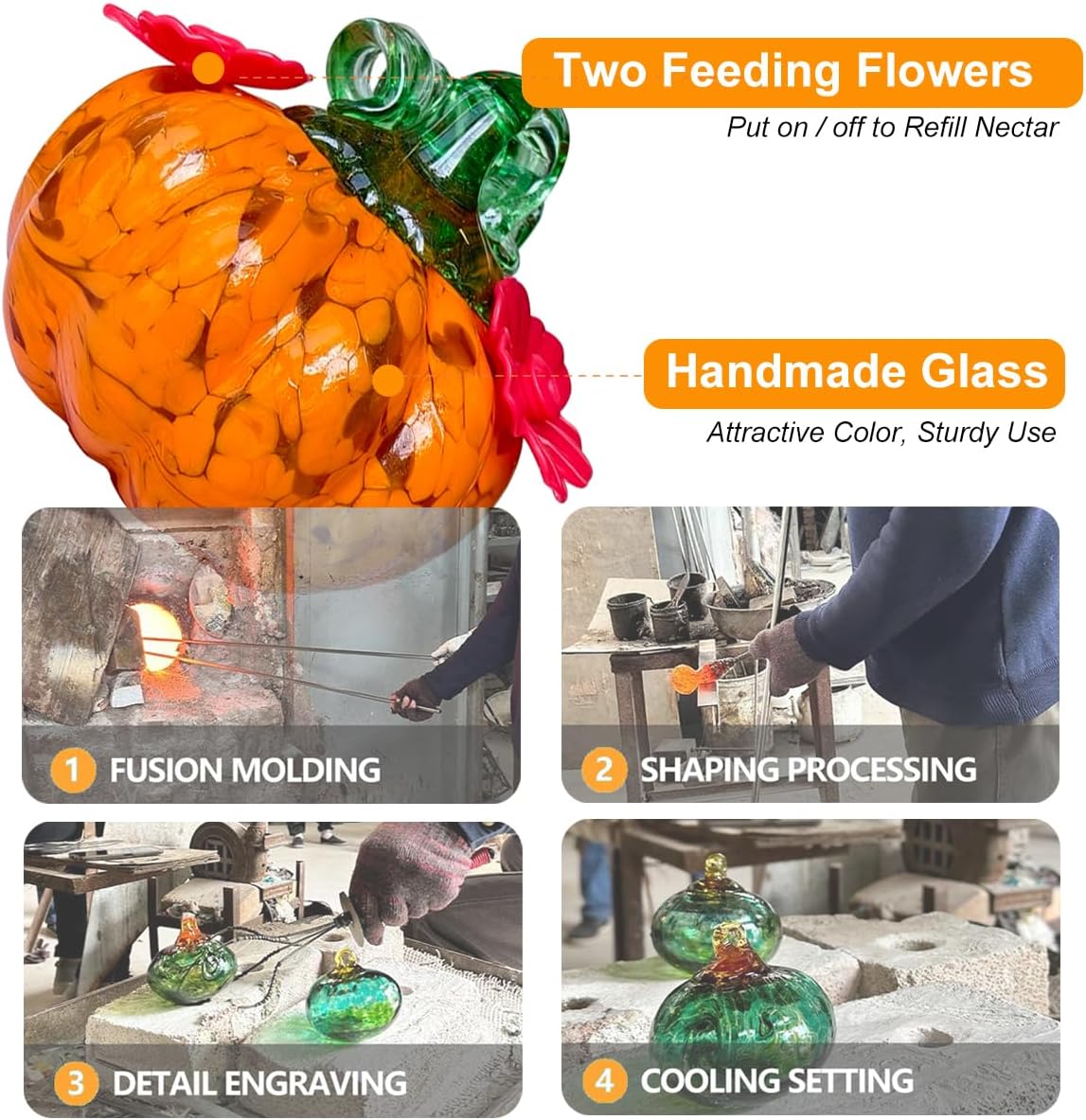 Small Glass Hummingbird Feeders for Outdoors Hanging - 2PC X Orange Yellow Hand Blown Glass Pumpkin Nectar Feeding, 2 Flowers Feeding Ports, Decor for Garden/Backyard Outside