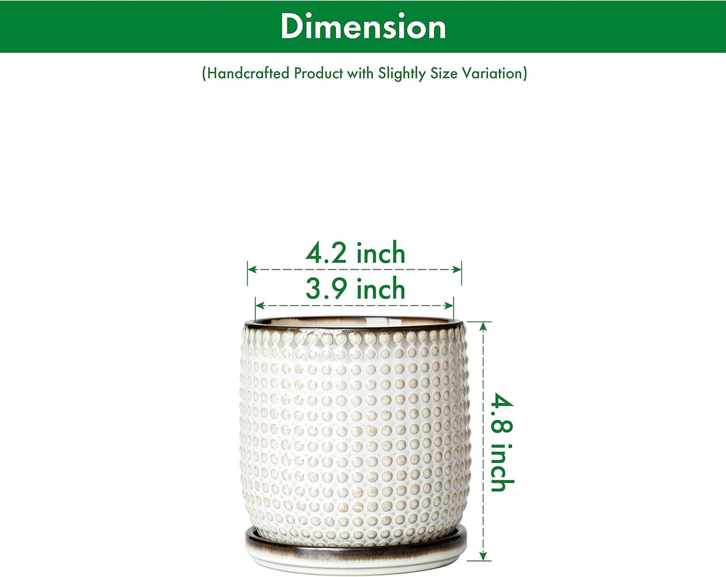 D'vine Dev Set of 2 Ceramic Plants Pots, 4 Inch Beaded Stoneware Flower Pot for Plants with Drainage Hole and Saucer, Smoked White, 27-E-Z-1