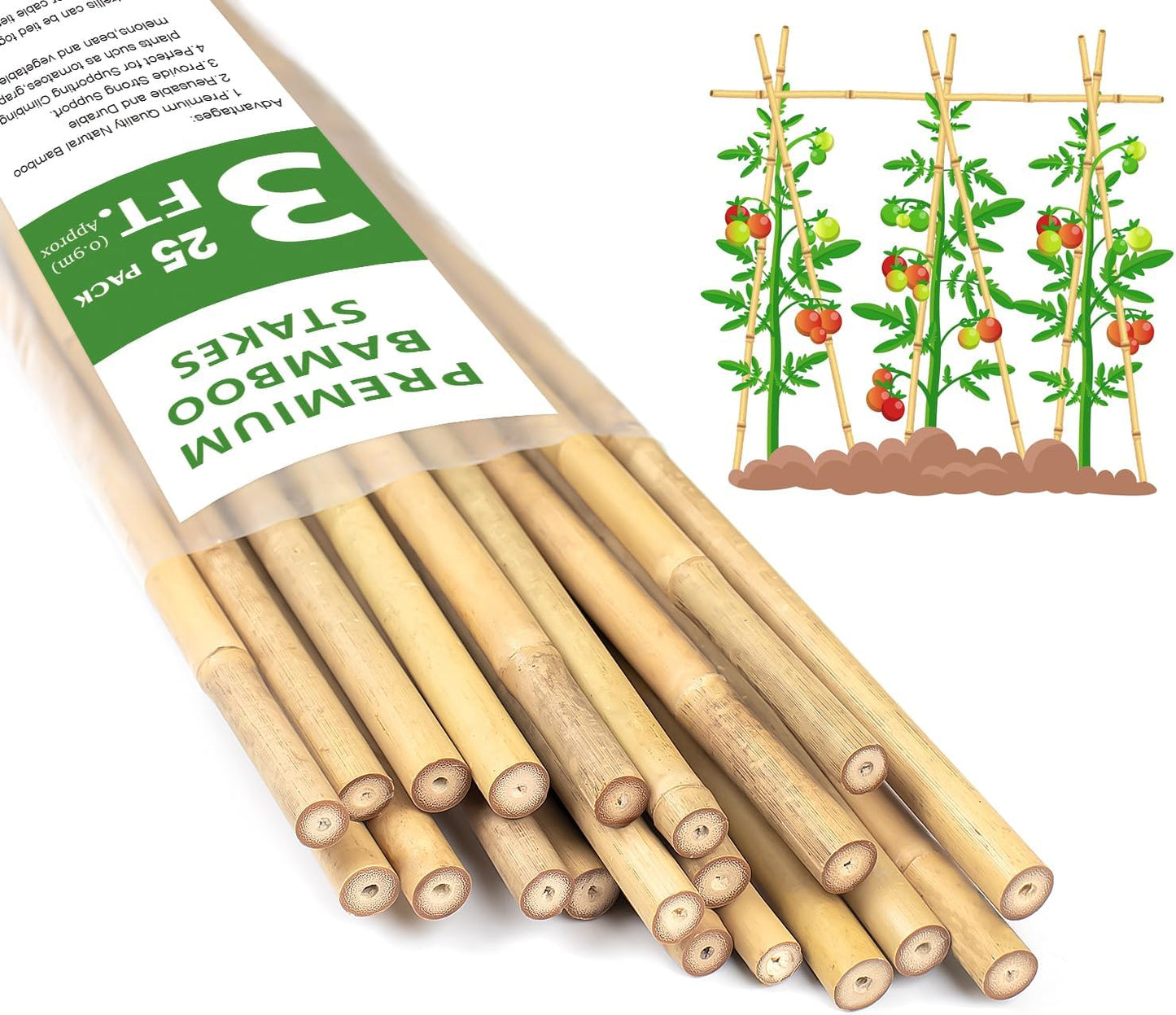 Plant Stakes 3FT, Natural Bamboo Stakes, HAINANSTRY 25Pcs Sturdy Bamboo Garden Stakes, Bamboo Sticks for Plants, Beans, Indoor and Outdoor Climbing Plants, Tomato Vegetable Stakes for Garden