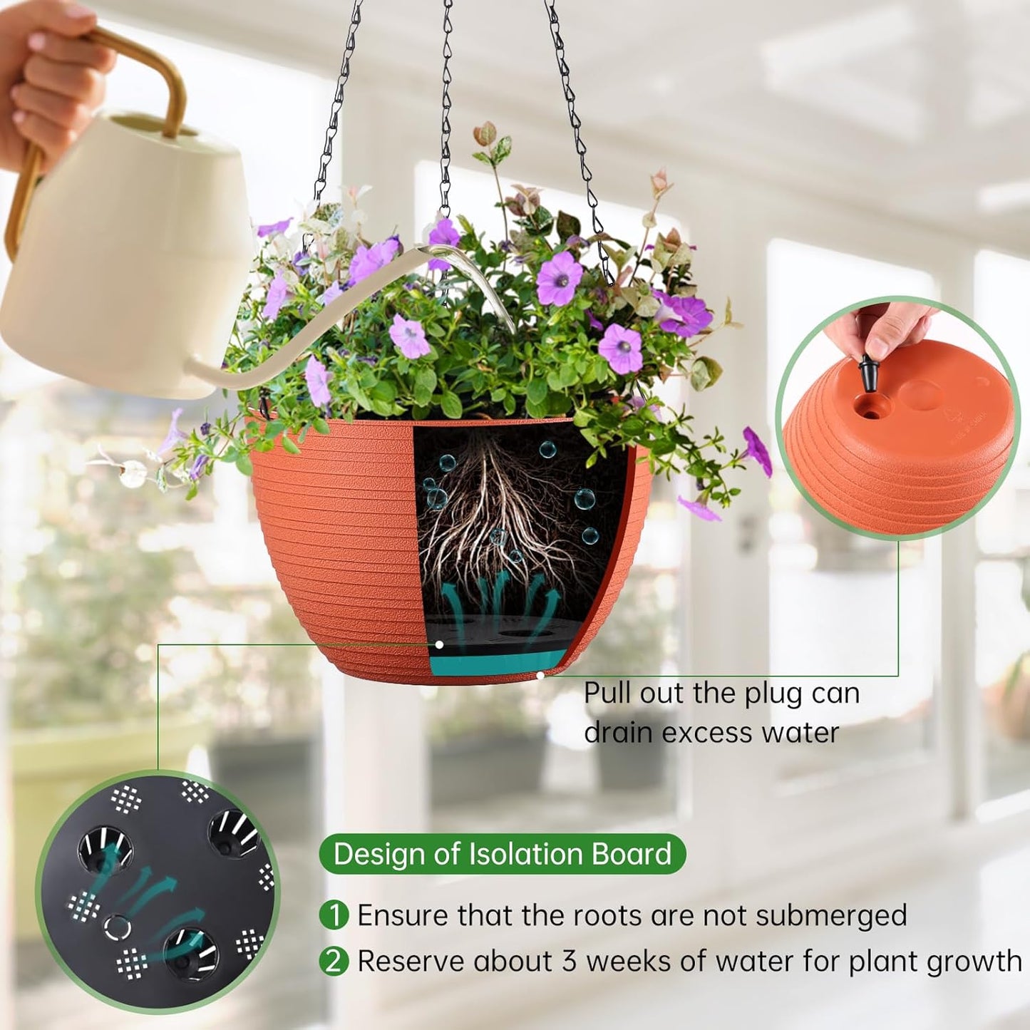 Hanging Planters for Indoor Outdoor Plants, Set of 2 Self Watering Hanging Pots with Drainage Hole & Plug and 20" Chain & Hooks