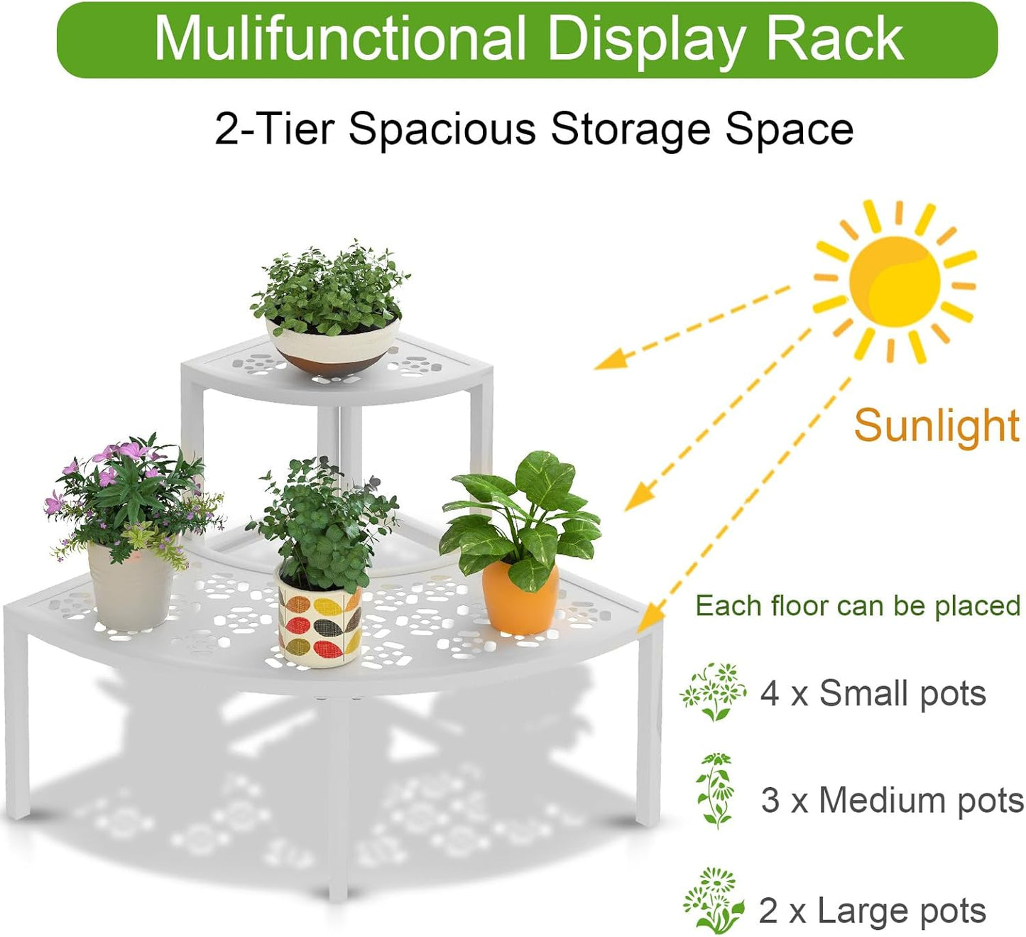 aboxoo 2 Tier Plant Stand Flower Pot Rack for Patio,Heavy Duty Metal Stair-Step Style Corner Shelf Planters, Quarter Round Display Holder for Indoor Outdoor Use(White, Semicircle)