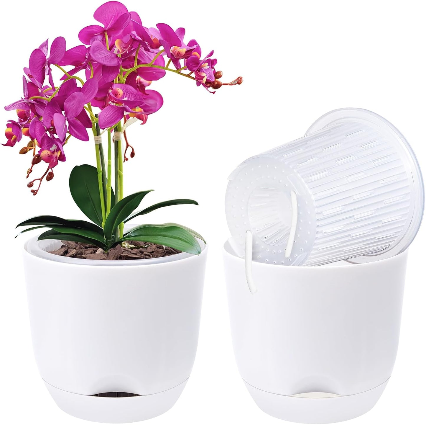 QCQHDU 2 Pack Orchid Pots with Holes for Repotting, Double-Layer and Self Watering Orchid Pot with Good Air Circulation