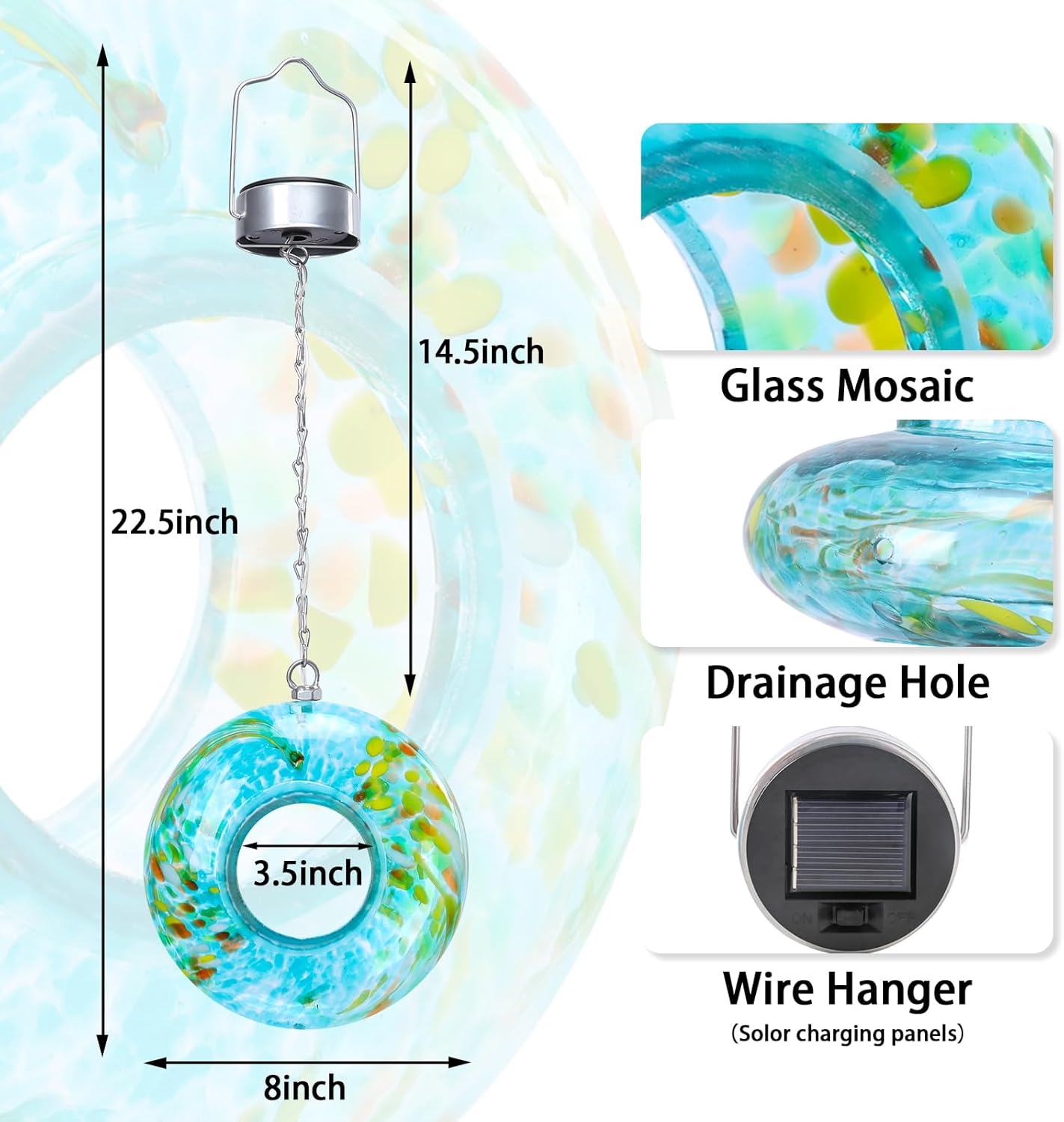 Yinns Bird Feeder - Fly Through Bird Feeders for Outside Hanging with Round Shape Glass Container, Solar Birdsfeeder for Yard Garden Decor, 8-Inch