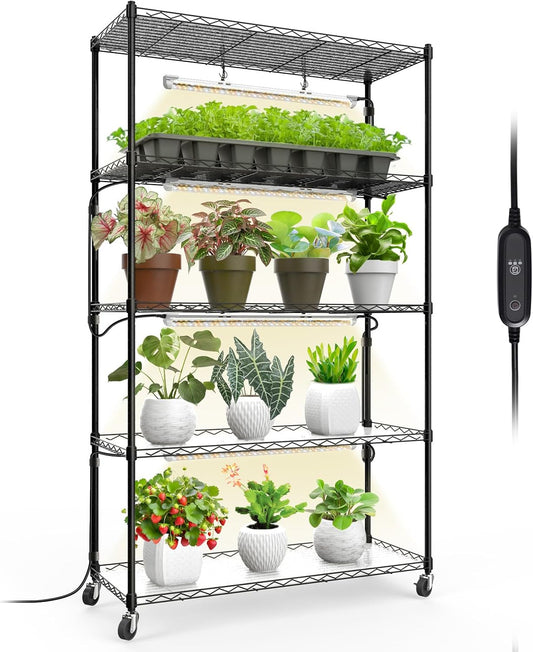 Plant Shelf with Grow Light with Timer, Metal Plant Stand with Adjustable Rack and Wheels, 4 Pack 24W Full Spectrum Grow Light Strip for Indoor Plants, Seed Starting, 35.4"x13.8"x59"