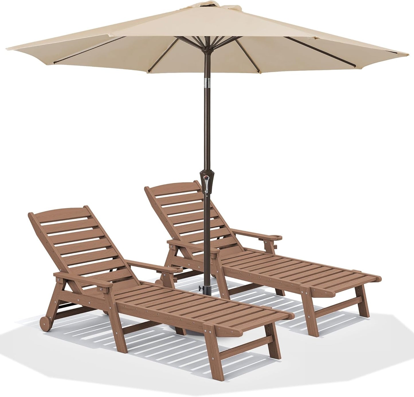 SERWALL Patio Chaise Lounge Chair Set of 2 with 9FT Patio Umbrella, 78'' HDPE Outdoor Lounger, Poly Lounge Chair with Rolling Wheels & Cup Holder for Pool,Wooden Brown (Umbreall Base not Included)