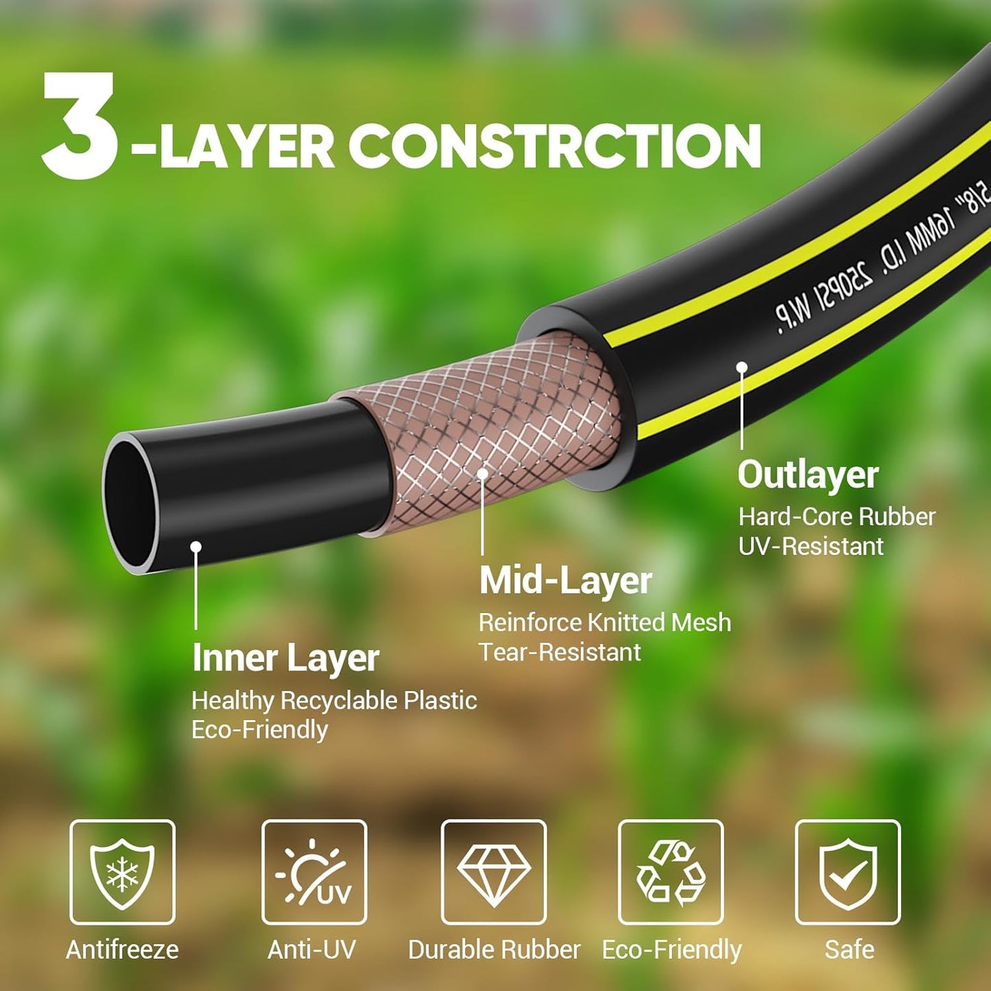 Garden Hose 50FT - PHLEX PRO Heavy-Duty Premium 5/8'' Rubber 3-Layer Water Hose - Innovation Flexible Hybrid Lightweight Water Hose, Full Brass Male to Female Fittings (RyobiGreen)
