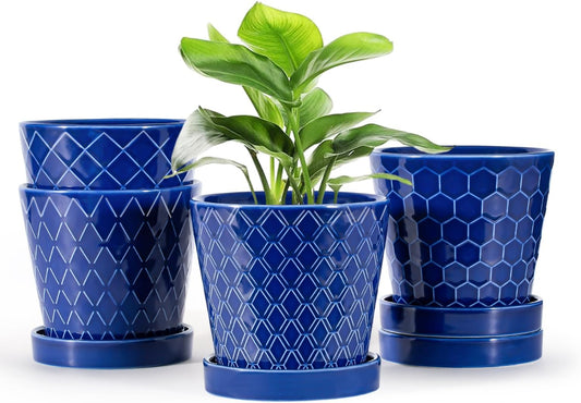 EFISPSS Ceramic Plant Pots, 5Inch Pots for Indoor Plants, Planters with Drainage Holes and Ceramic Tray,Plant Lover Gift, Desktop Office Windowsill Decoration Gift Set of 4 - Blue