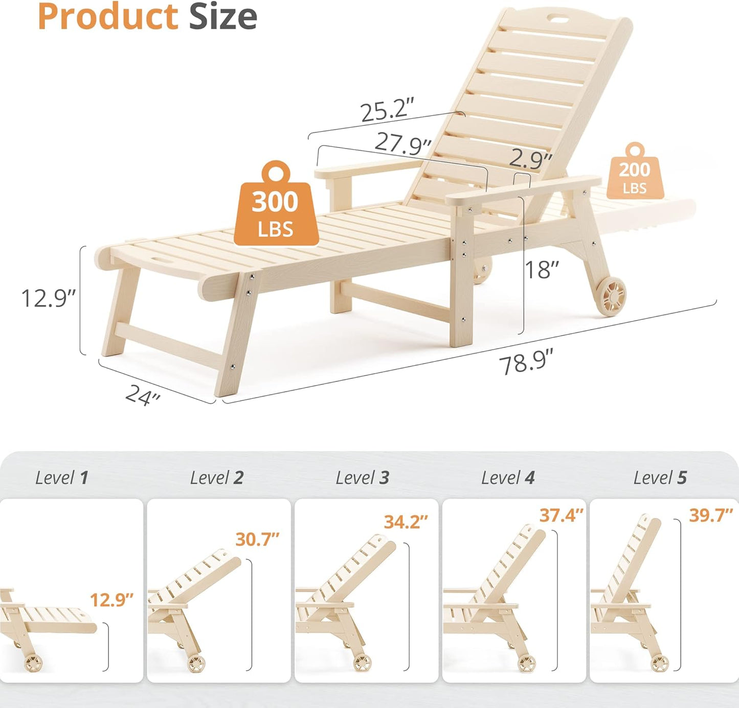 LUE BONA Outdoor Chaise Lounge, 79'' Oversized HDPS Chaise Lounger, 5 Positions Adjustable Lounge Chairs, Pool Lounge Chair with Wheels for Poolside, Backyard, 3 Year Warranty, Sand