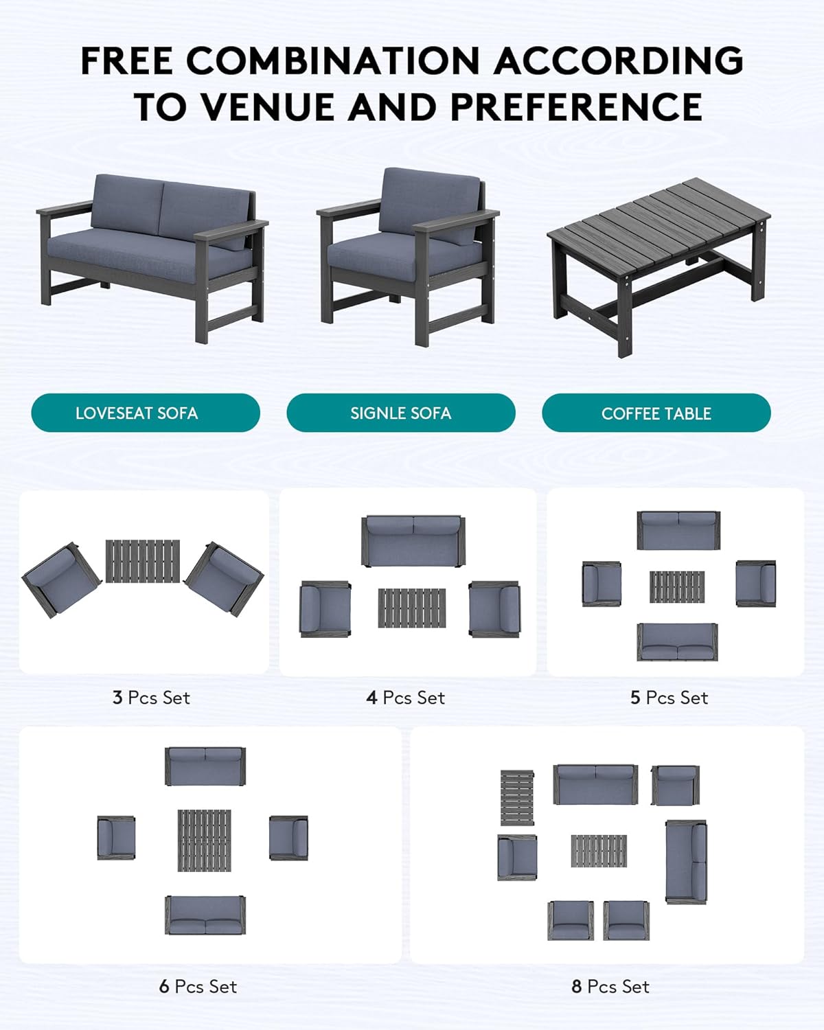 SERWALL 3 Pieces HDPE Outdoor Sofa Bistro Set with Cushions, Outdoor Furniture Sofa Sets with Coffee Table and Cushions, All Weather Conversation Social Set, Grey Frame and Grey Cushion