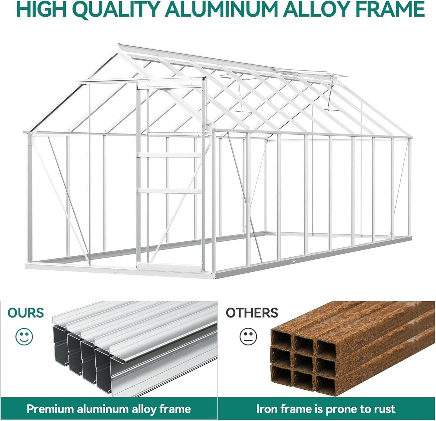YITAHOME 16x6FT Polycarbonate Greenhouse for Outdoors, Large Heavy Duty Aluminum Greenhouses with Sliding Doors and Vent Window, Walk-in Greenhouse for Garden Backyard, Simple Setup, Silver