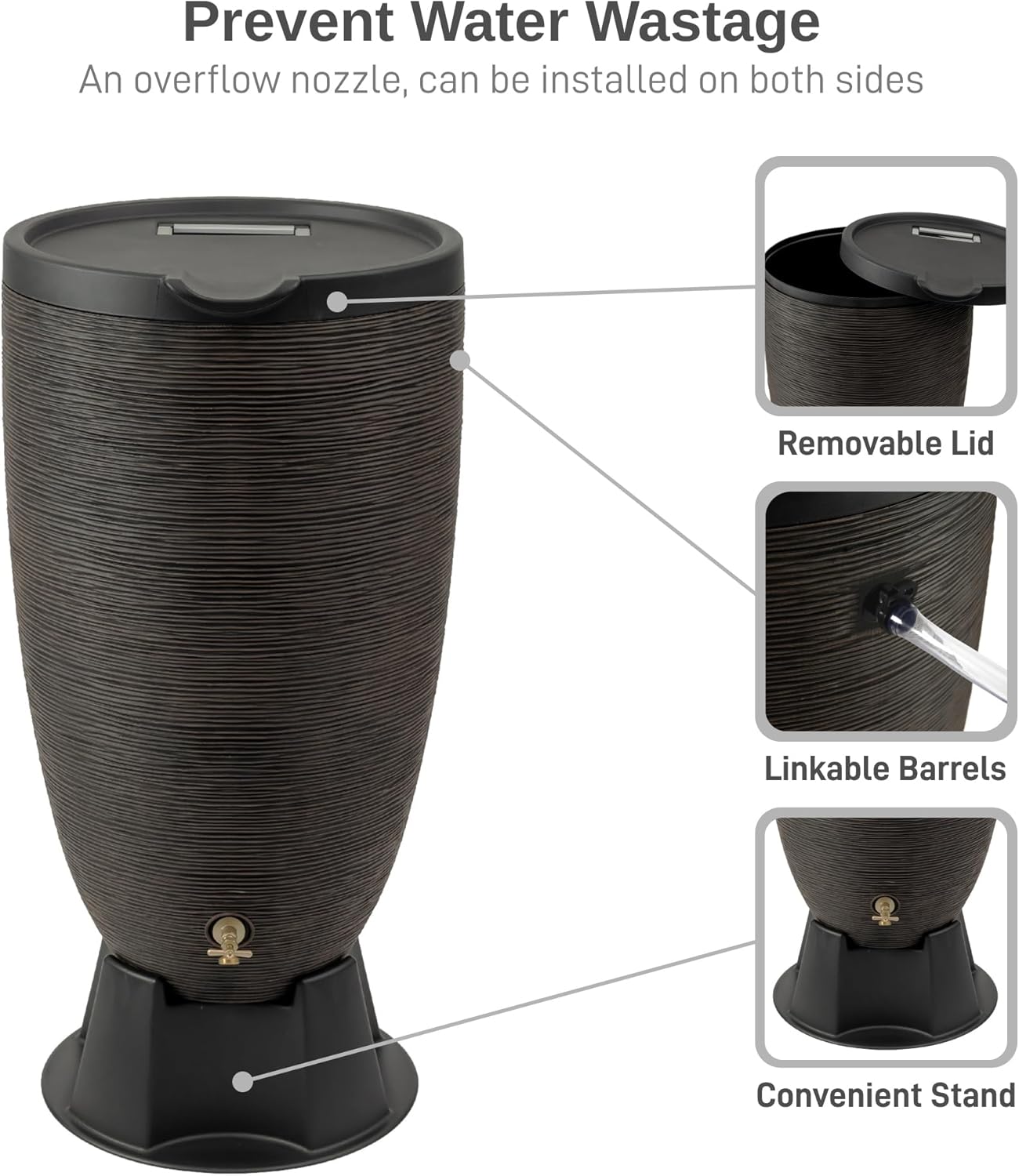 50-Gallon Newport Rain Barrel with Stand and Removable Lid, Bronze Color