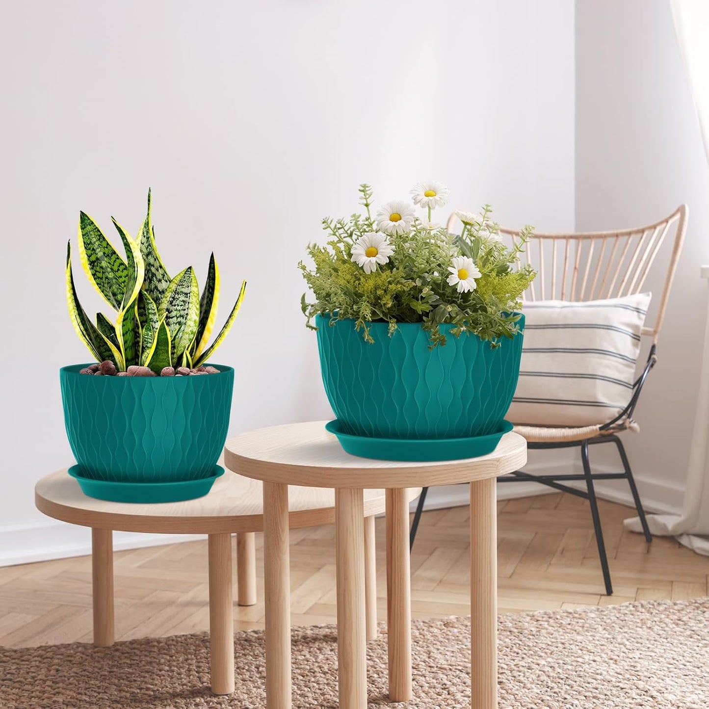 Plant Pots 12/10/9 Inch Pots, Set of 3 Plastic Planters with Drainage Holes and Saucers,Plastic Flower Pots,Nursery Planting Pot for Indoor Out Door Plants（Teal）