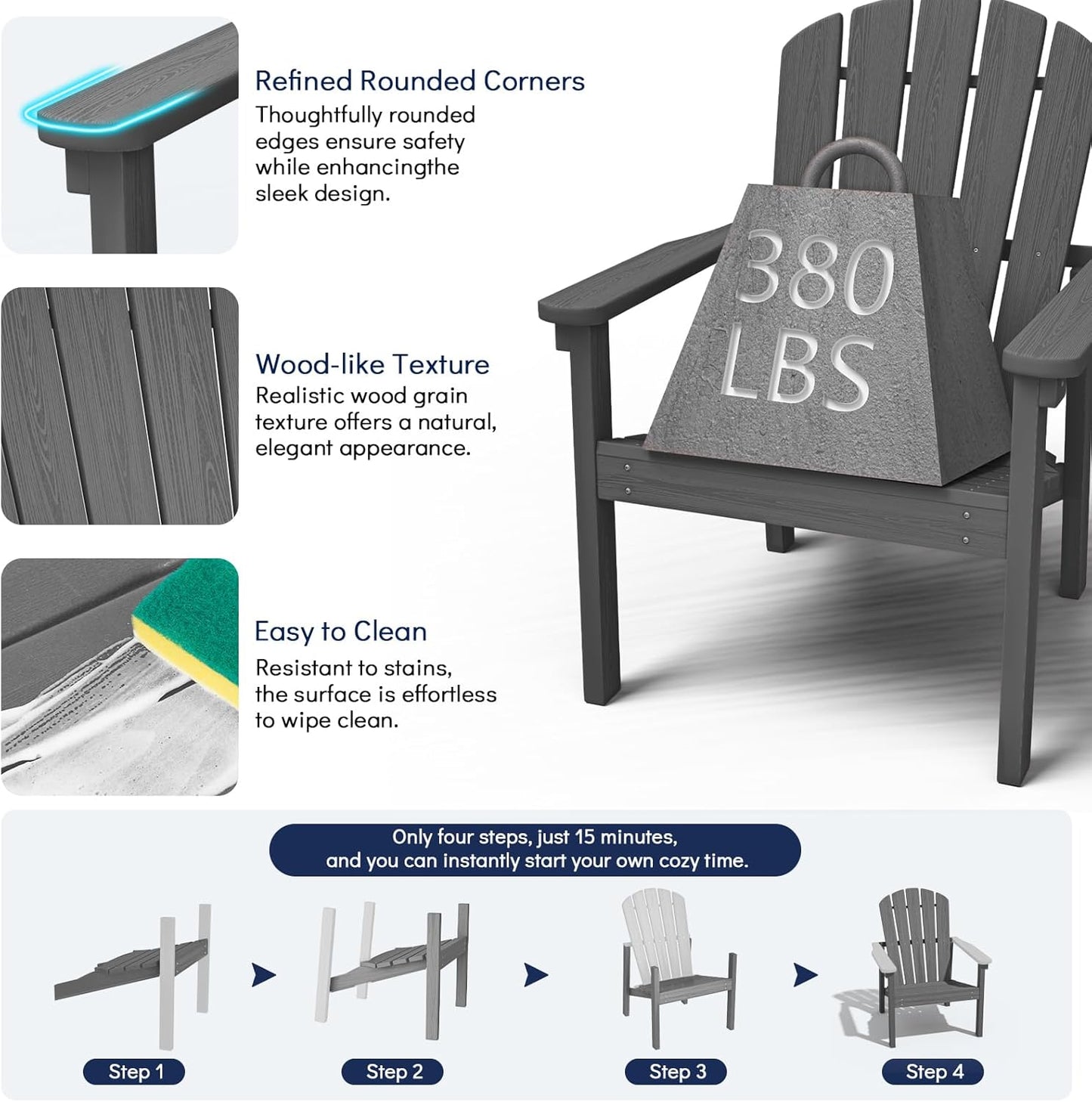 Stackable Adirondack Chair Set of 2, HDPE Outdoor Patio Chair - Durable and Space Saving, Suitable for Porches, Lawns or Garden, Grey