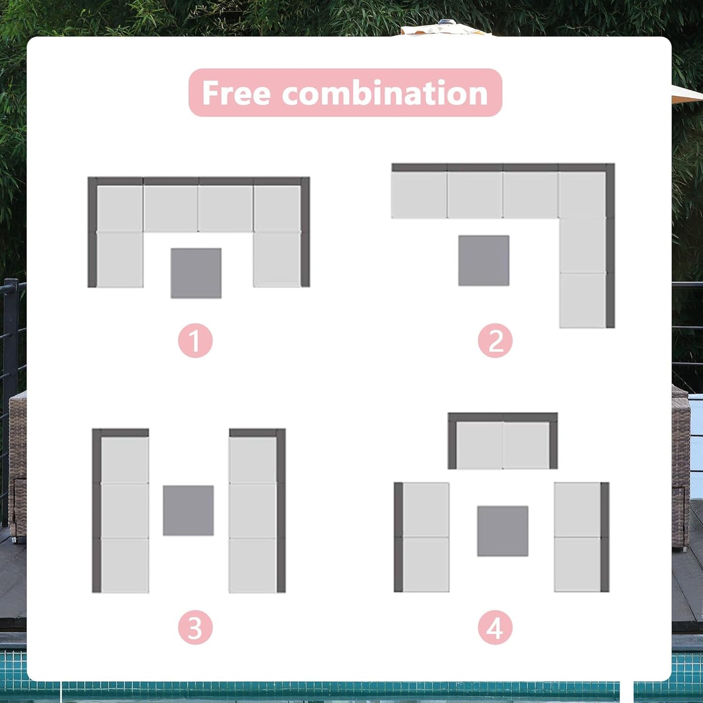 7-Piece Patio Furniture Set - Outdoor Sectional Sofa Set with Cushions and Glass-Top Coffee Table for Gardens, Poolside, Backyards and Porches, Black/Blue