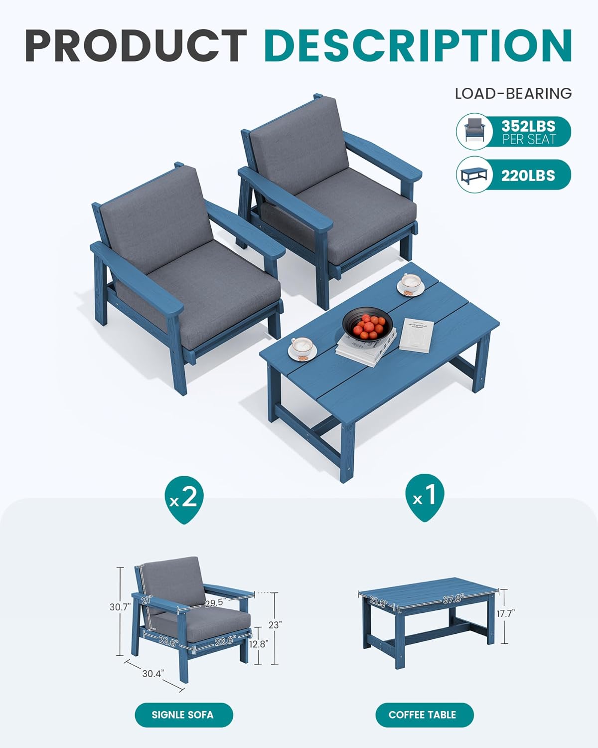 SERWALL HDPE Outdoor Couch, Blue Frame and Grey Cushion